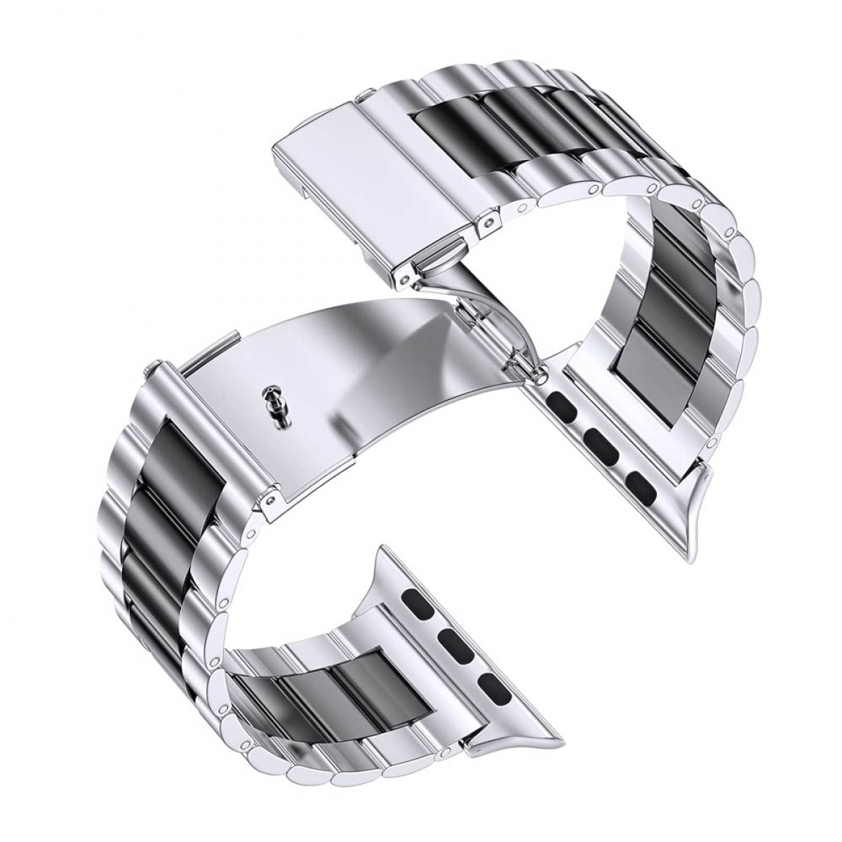 Silbernes Uhrenarmband. Es besteht aus Metall mit schwarzen Akzenten und ist offen.