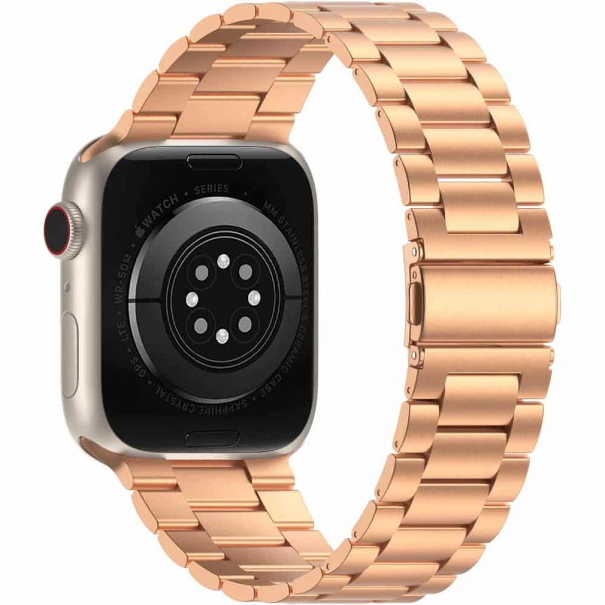 Roségoldene Apple Watch mit roségoldenem Armband. Zifferblatt sichtbar, Armband geschlungen.