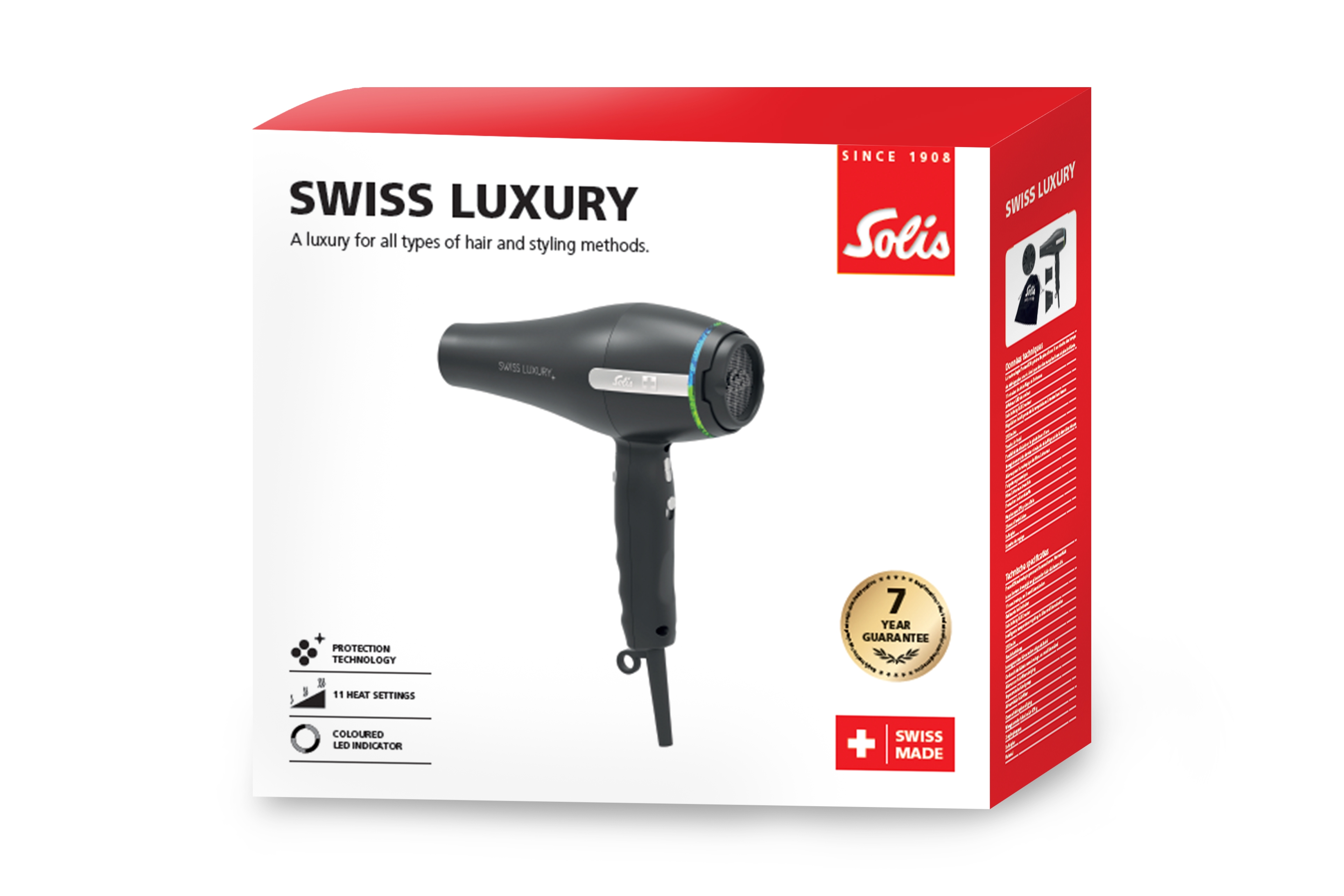 Karton mit schwarzem Haartrockner. Text: Swiss Luxury. Solis Logo. 7 Jahre Garantie. Swiss made.