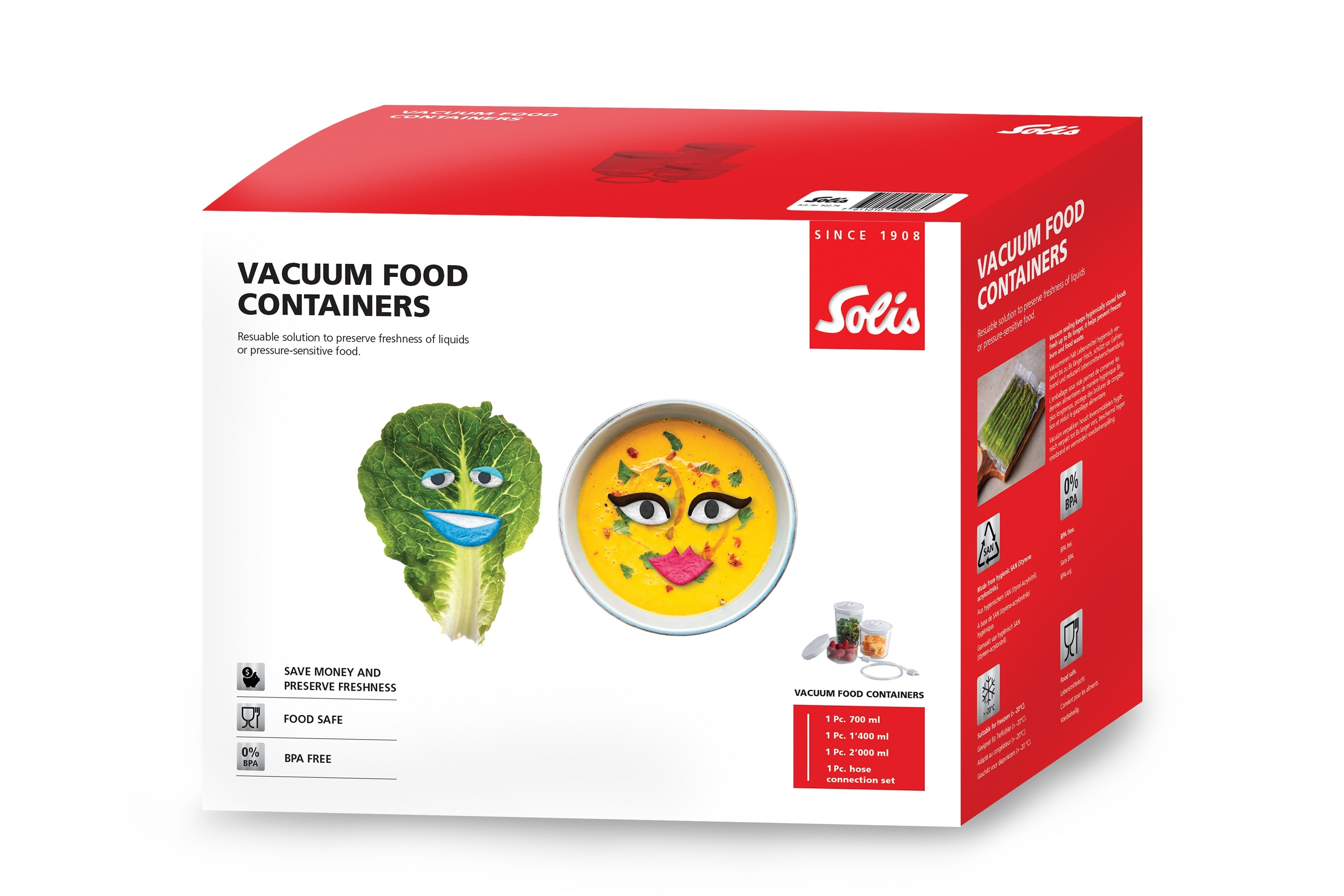 Rote und weiße Schachtel mit Vakuum-Lebensmittelbehältern mit Cartoon-Gesichtern.