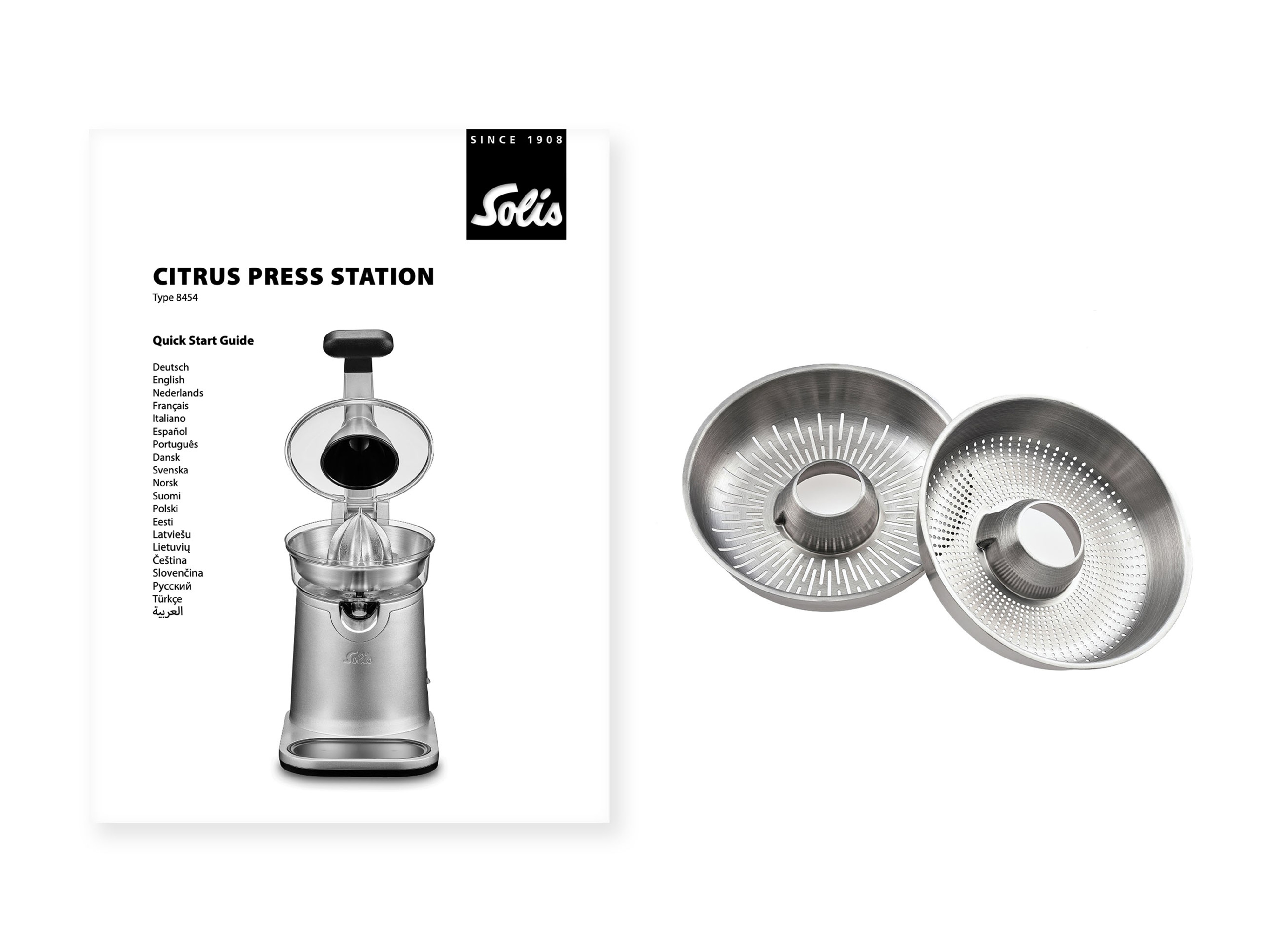 Ein Solis Citrus Press Station Handbuch und Entsafterteile auf weißem Hintergrund. Die Entsafterteile sind aus Metall.