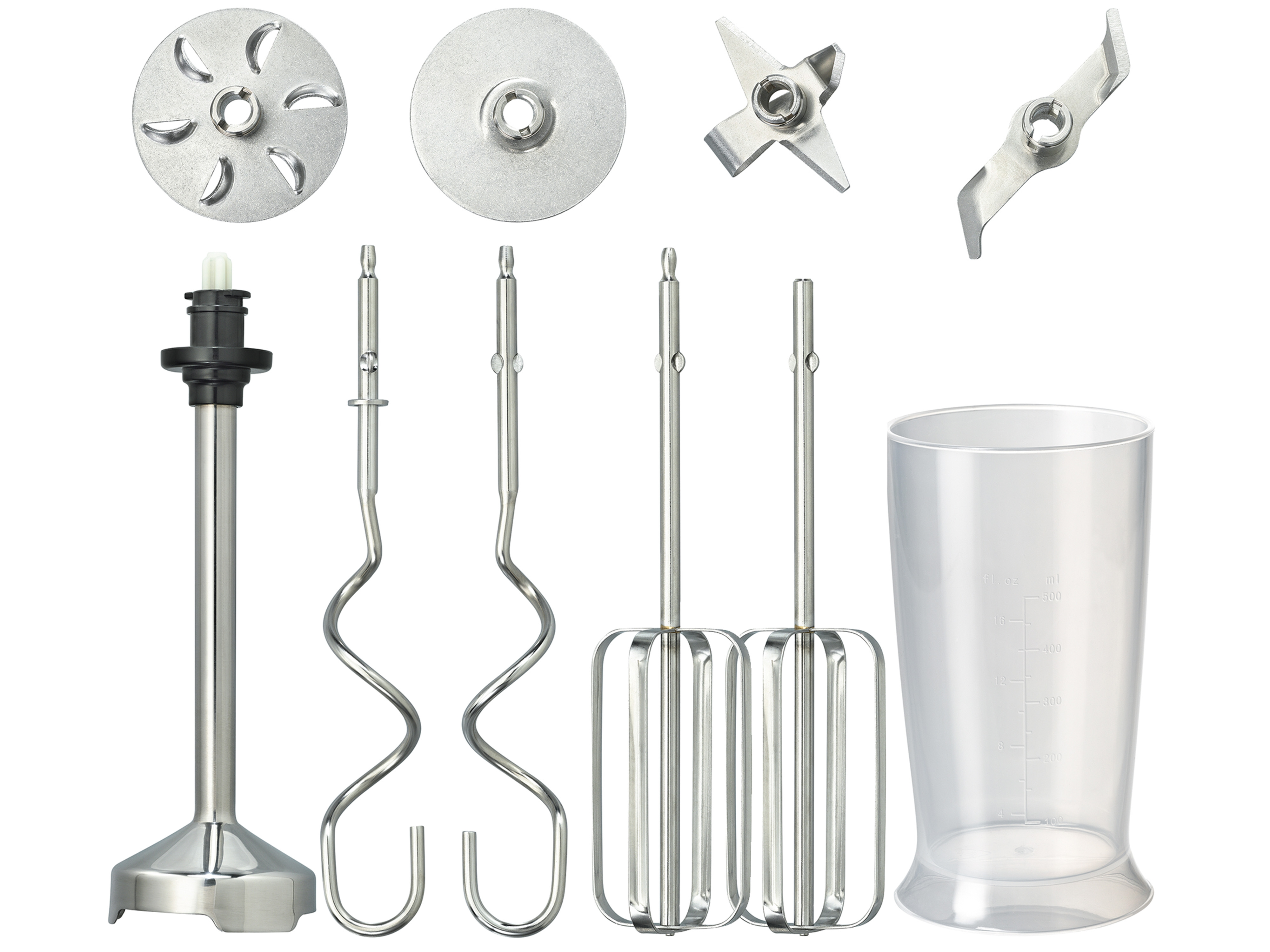 Verschiedene Aufsätze für einen Handmixer, darunter Klingen und Schneebesen.