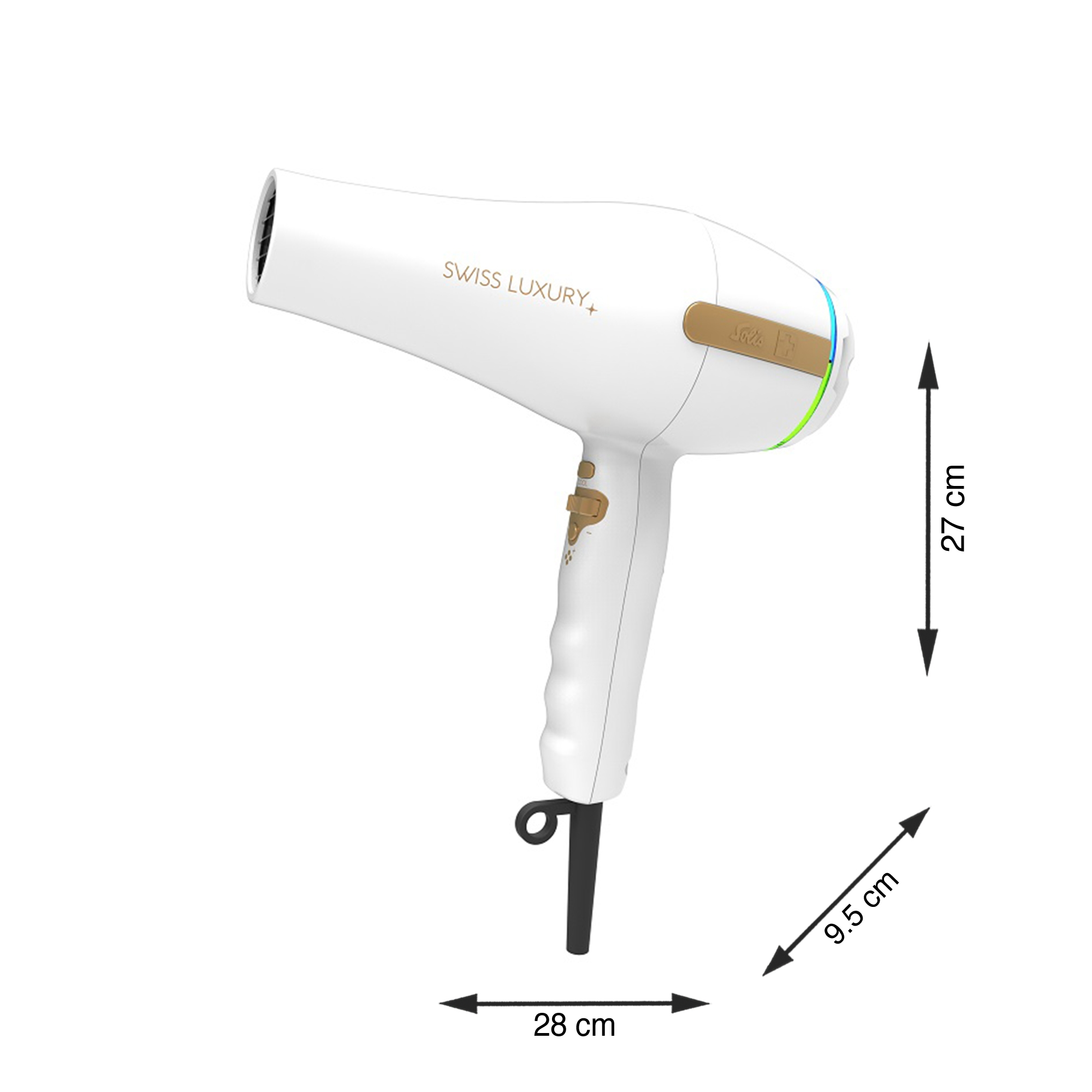 Ein weißer Haartrockner ist abgewinkelt, mit angegebenen Abmessungen. Er ist mit 'Swiss Luxury+' beschriftet und hat einen goldenen Akzent.