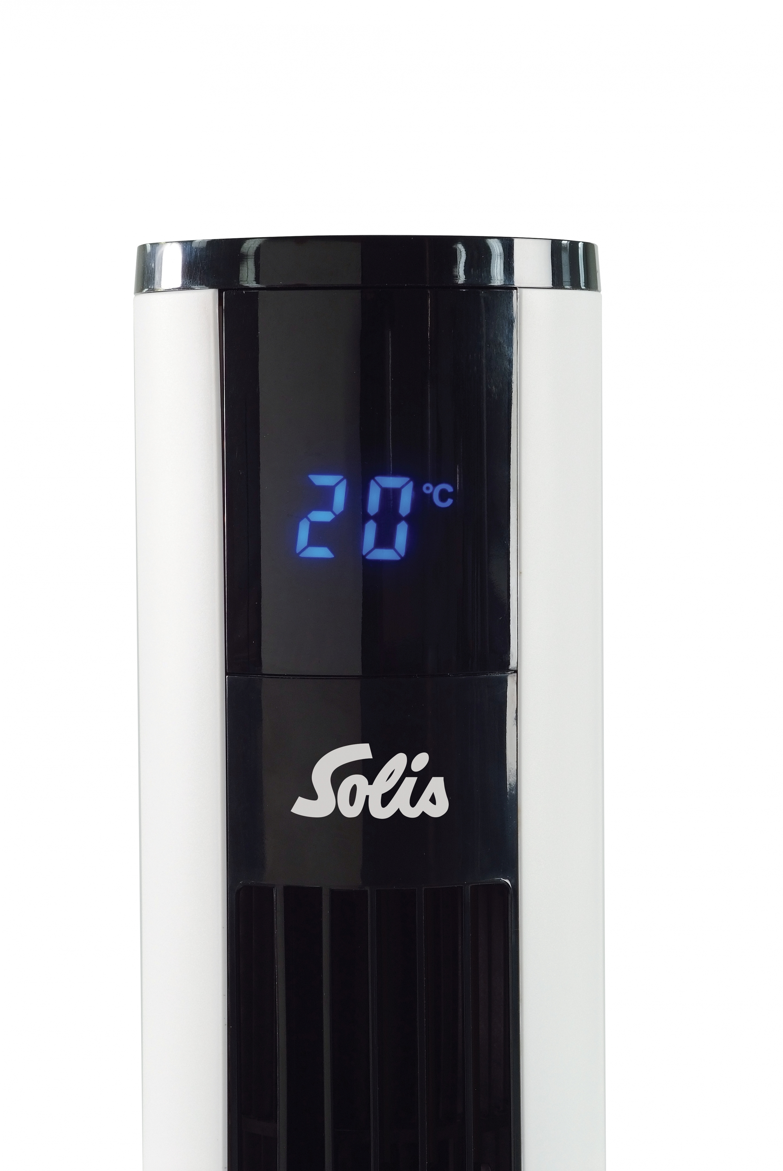 Weiß-schwarzer Ventilator mit blauem Digitaldisplay, 20°C.