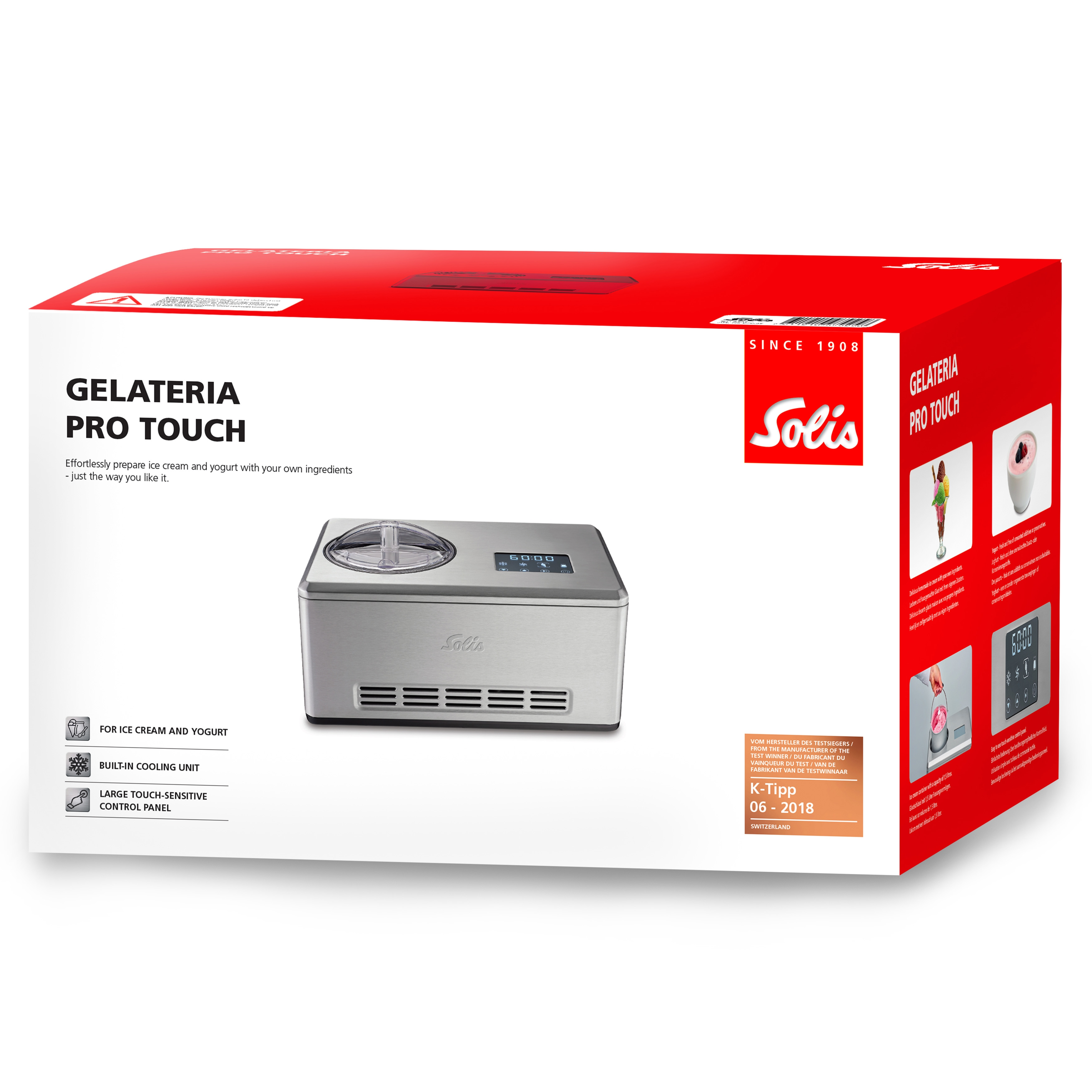 Eine Box mit einer Gelato-Maschine und abgebildeten Funktionen. Auf der Box steht GELATERIA PRO TOUCH und Solis.
