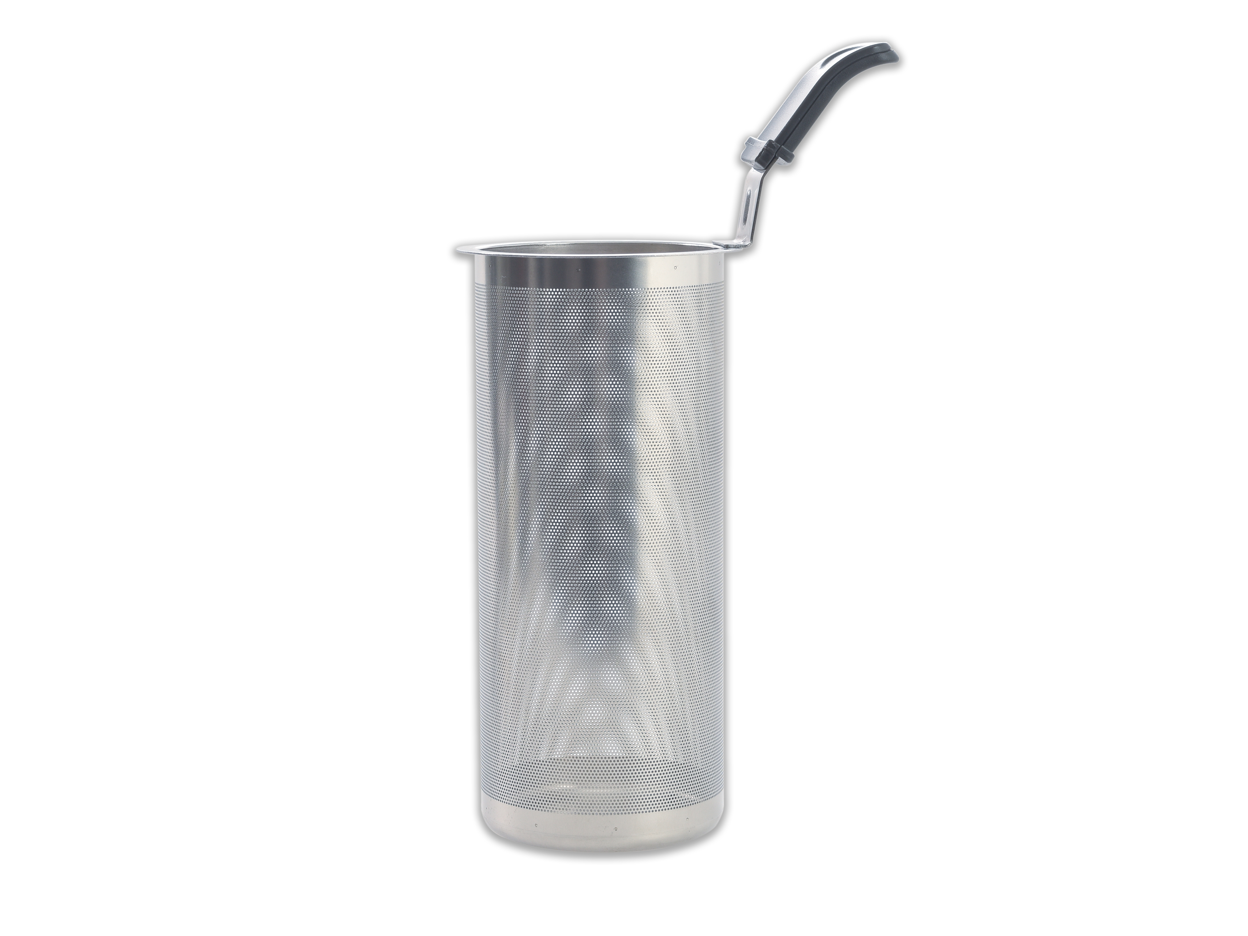 Zaparzacz do herbaty ze stali nierdzewnej z czarnym uchwytem, na białym tle.