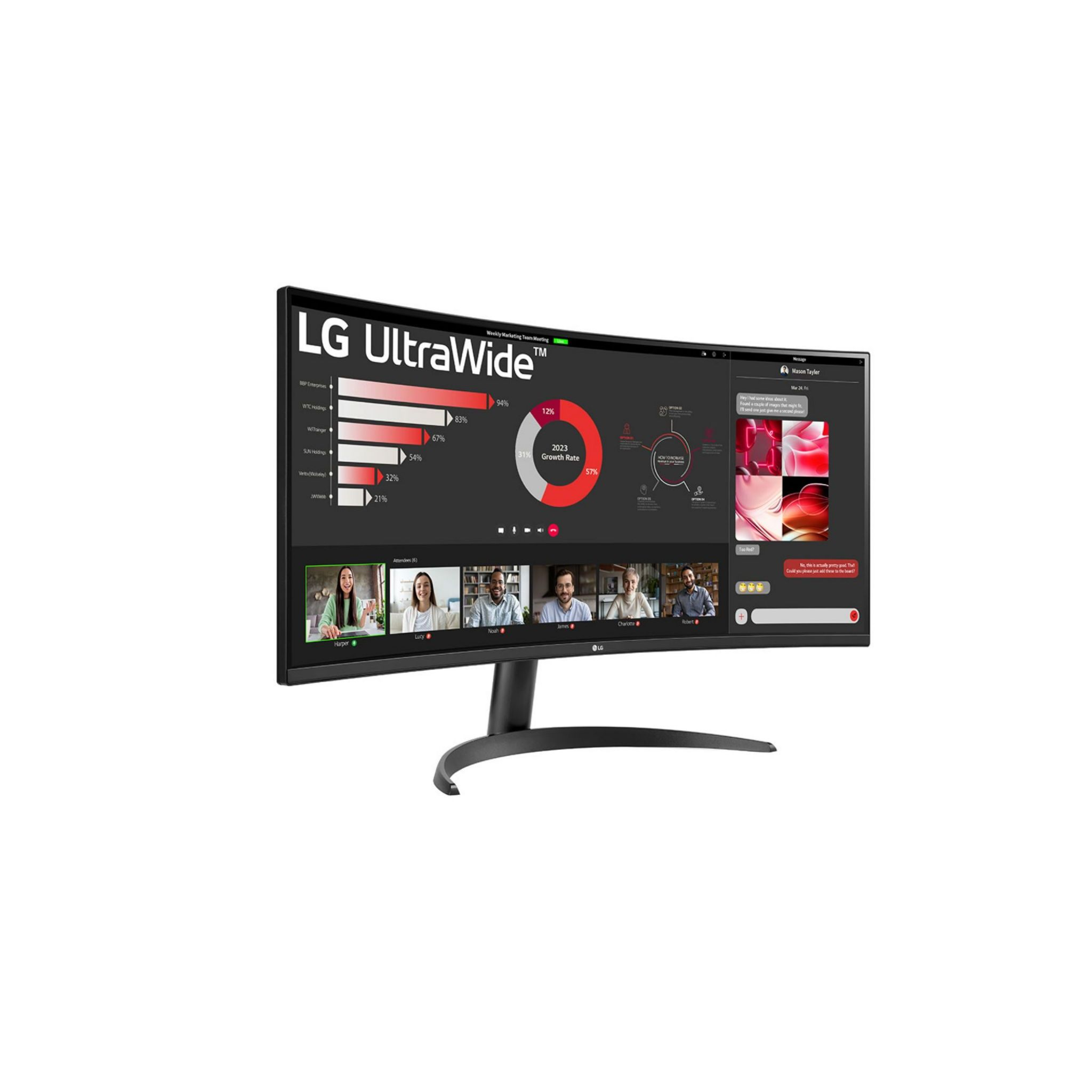 Zakrzywiony monitor LG UltraWide wyświetlający wideokonferencję i wykresy. Czarna ramka, zakrzywiony ekran.