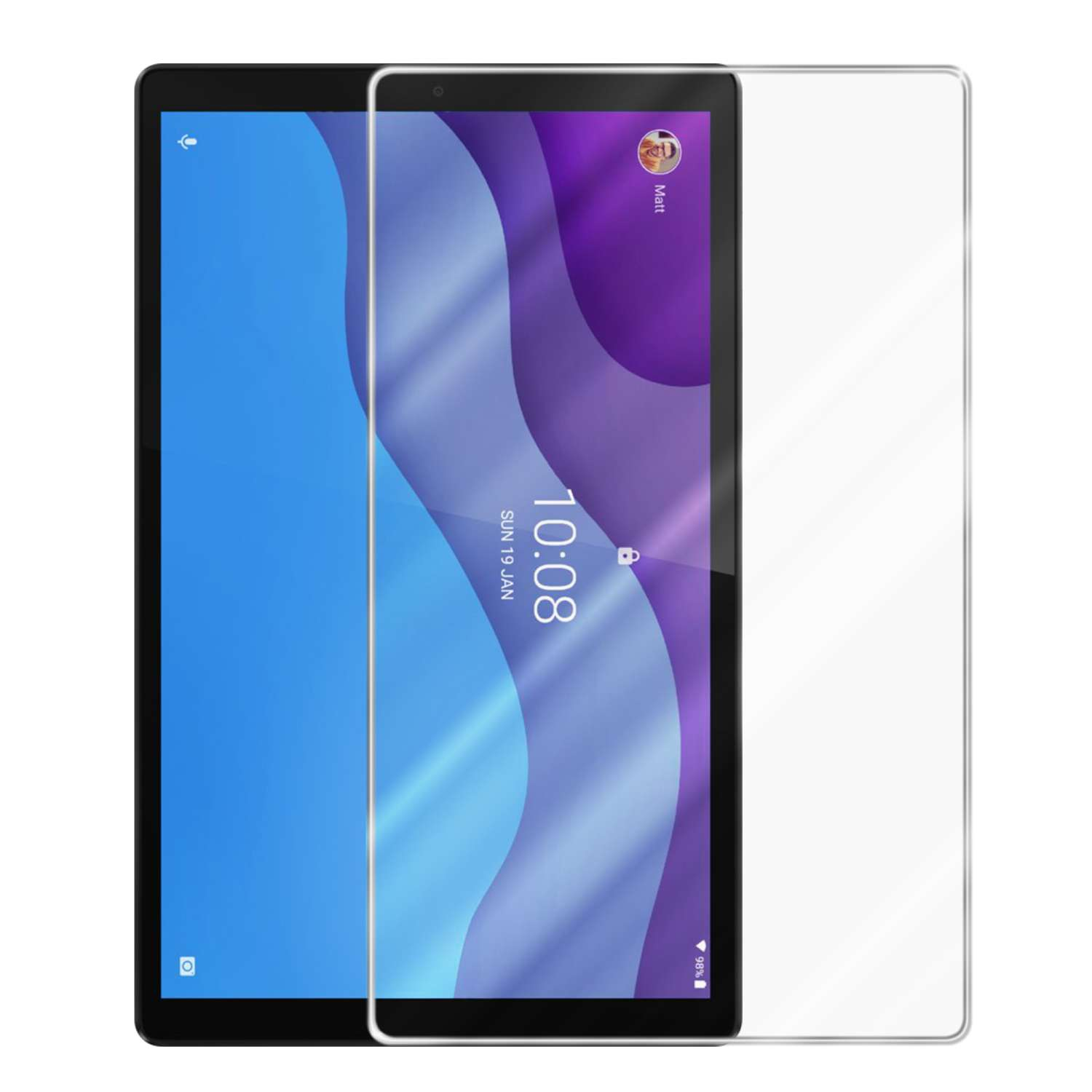 Una tableta negra con protector de pantalla. La pantalla muestra un fondo colorido y la hora. El fondo es blanco.