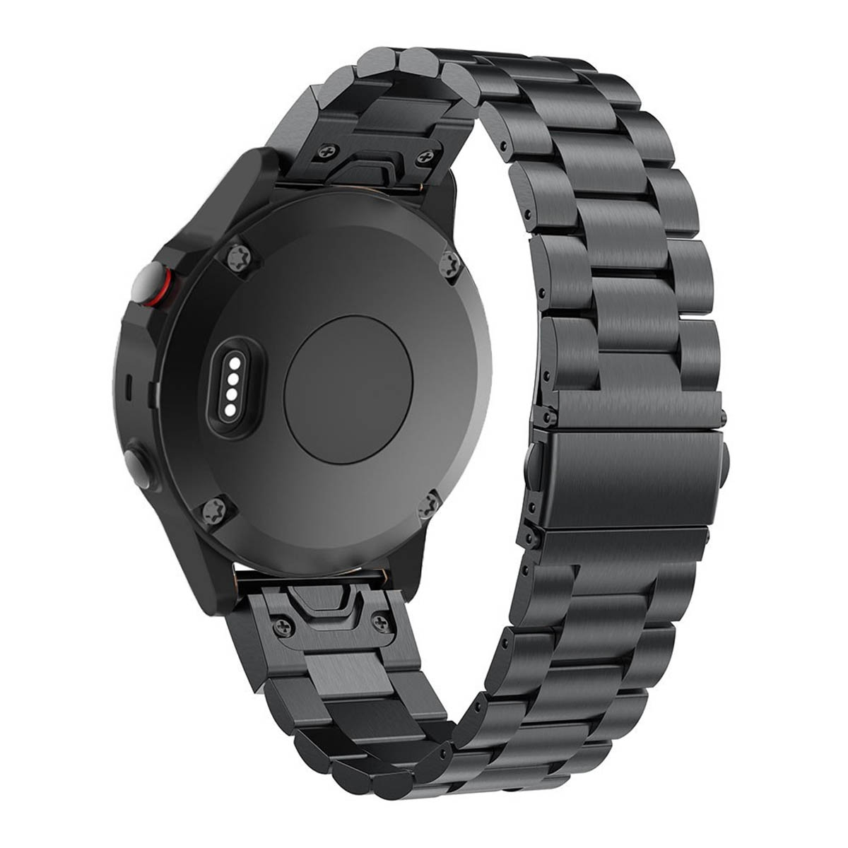 Schwarze Smartwatch mit schwarzem Metallarmband. Die Rückseite ist sichtbar.