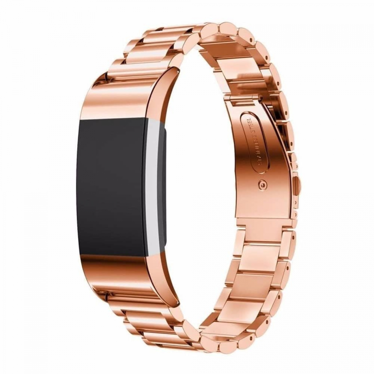 Roségoldenes Smartwatch-Armband mit schwarzem Bildschirm.