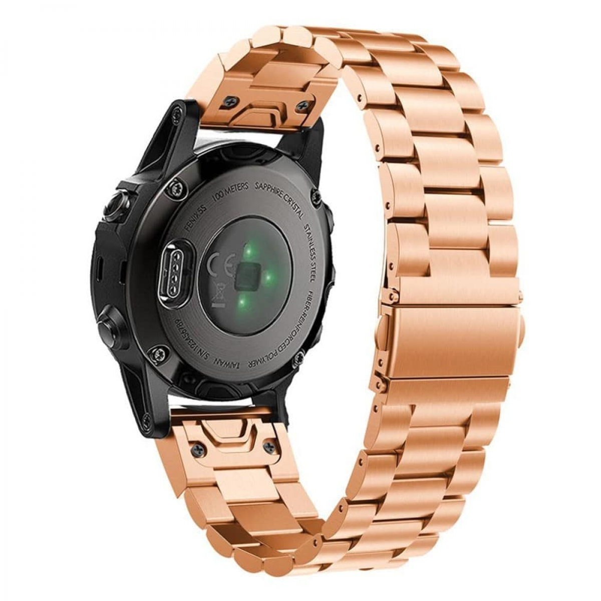 Roségoldene Smartwatch mit roségoldenem Metallarmband, Rückseite zum Betrachter.