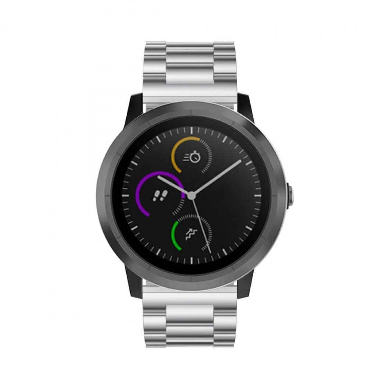 Smartwatch mit schwarzem Zifferblatt und silbernem Armband. Zeigt Zeit, Schritte und Aktivität.