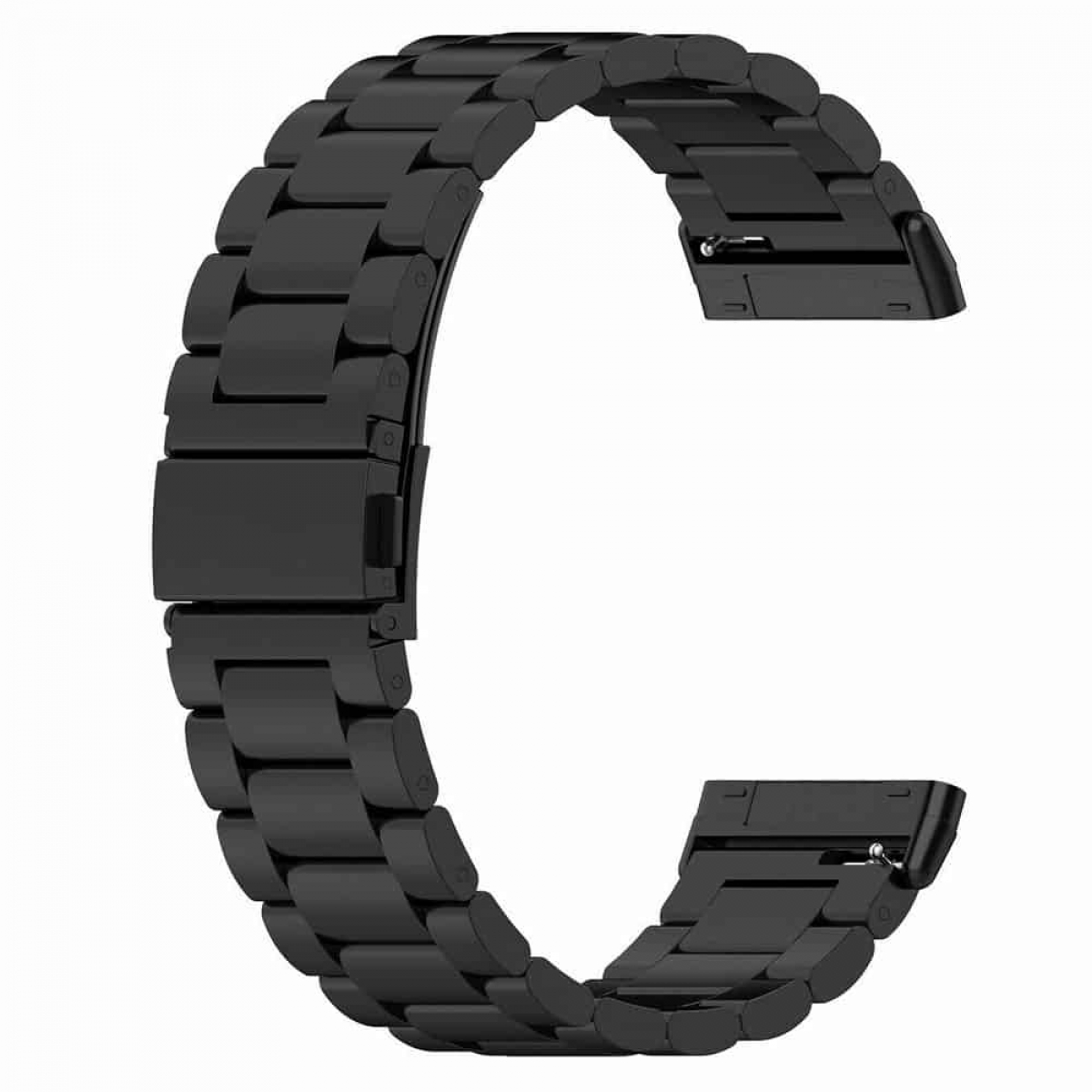 Ein schwarzes Uhrenarmband mit Verschluss, in C-Form, auf weißem Hintergrund.