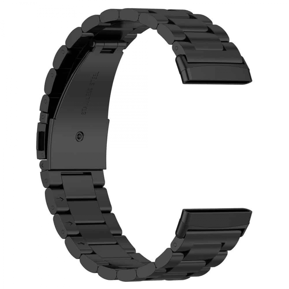 Schwarzes Edelstahl-Uhrenarmband mit Verschluss. Das Armband ist gebogen.