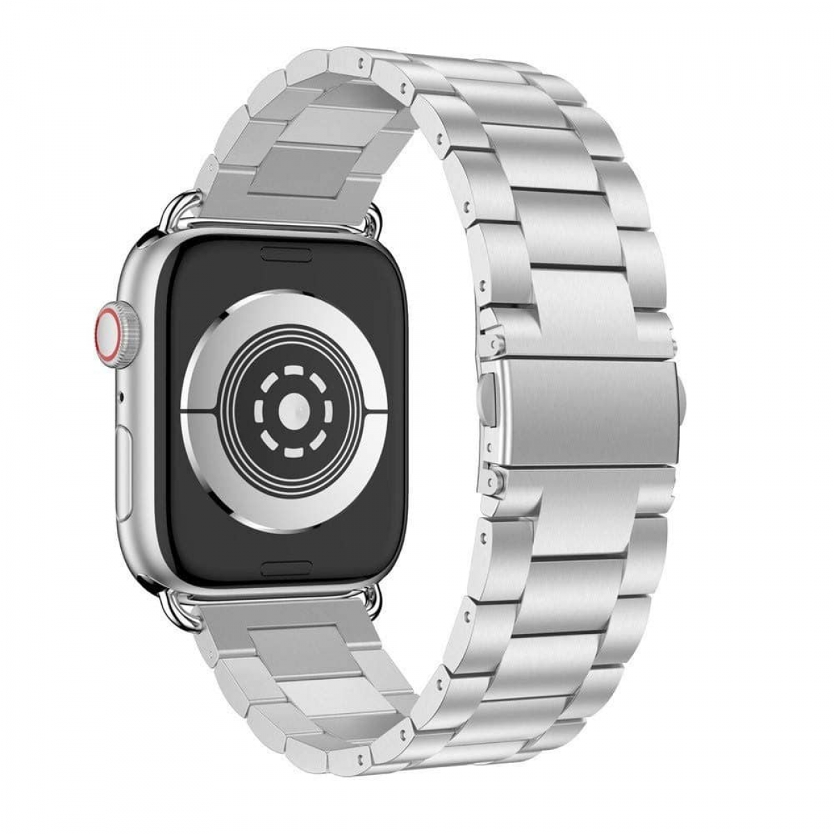 Silberne Smartwatch mit Metallarmband, weißer Hintergrund, Nahaufnahme.