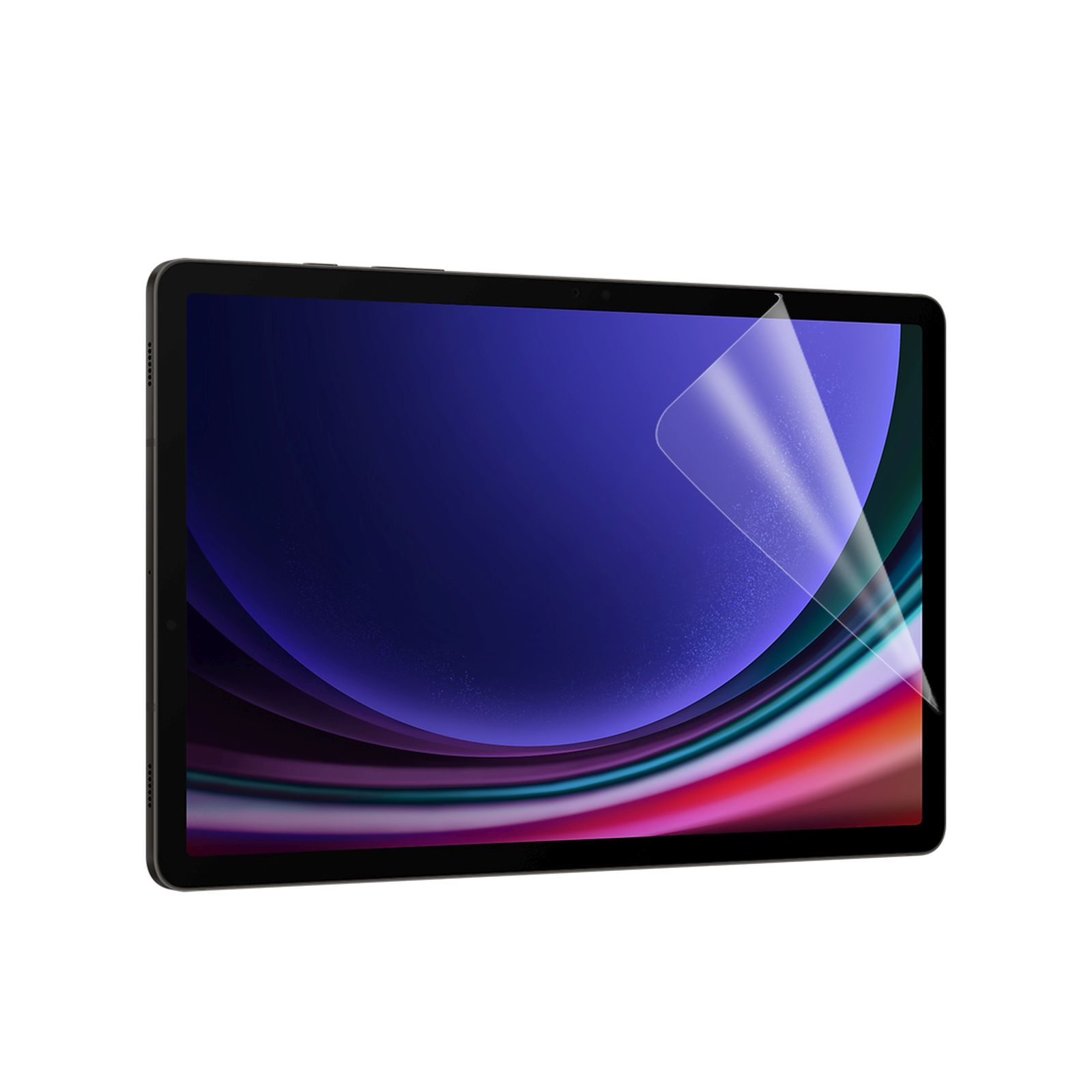 Un tablet con una protezione schermo parzialmente applicata.