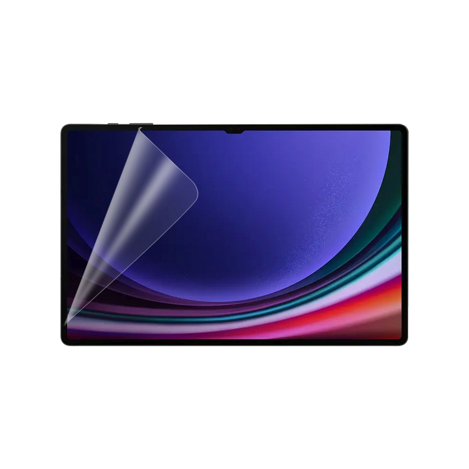 Un tablet con un proteggi schermo in fase di applicazione. Lo schermo mostra un'immagine colorata.