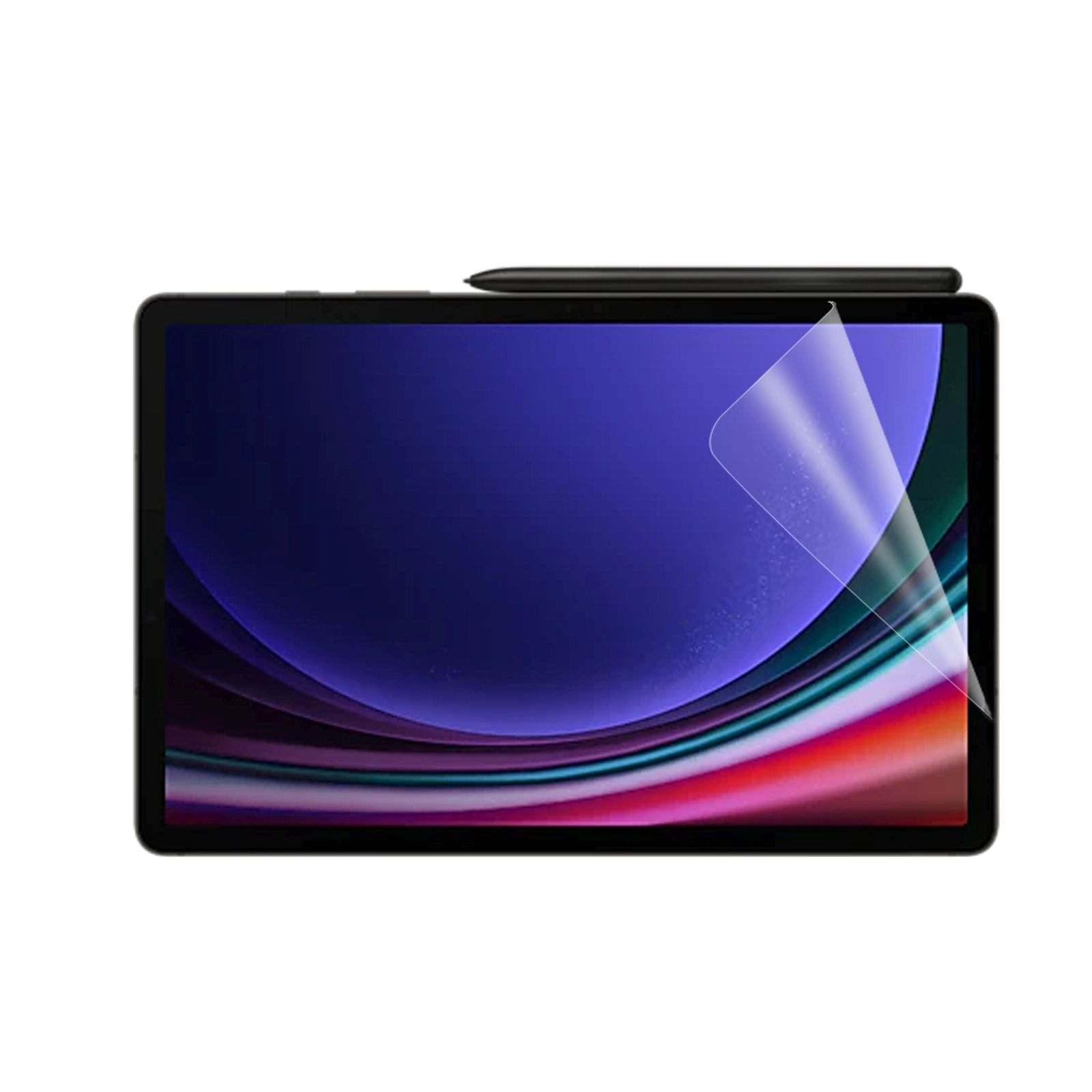 Tablet con schermo blu e protezione schermo trasparente. Una penna stilo è appoggiata sopra.