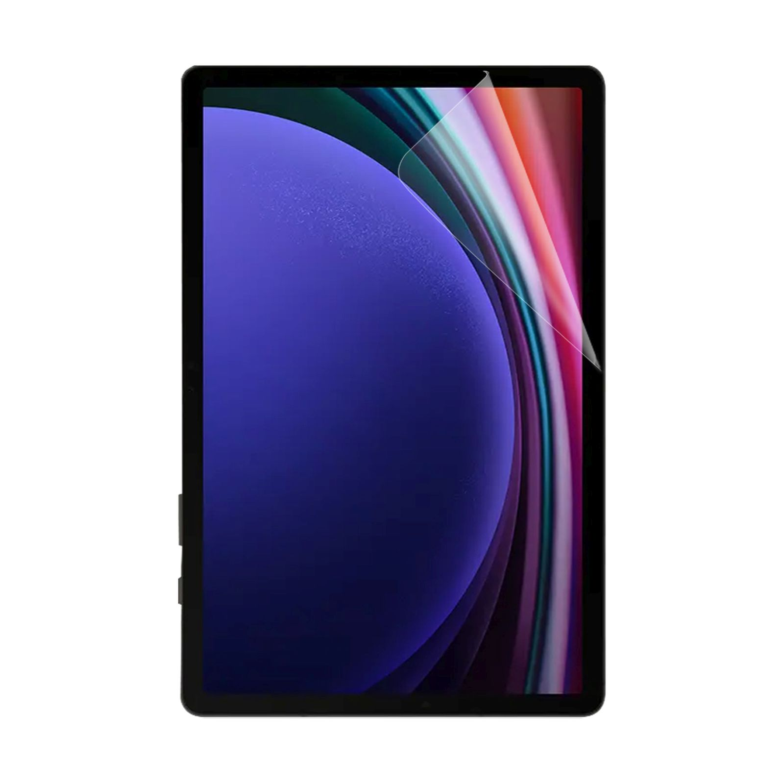 Un tablet con schermo blu e protezione applicata. Il tablet è nero.