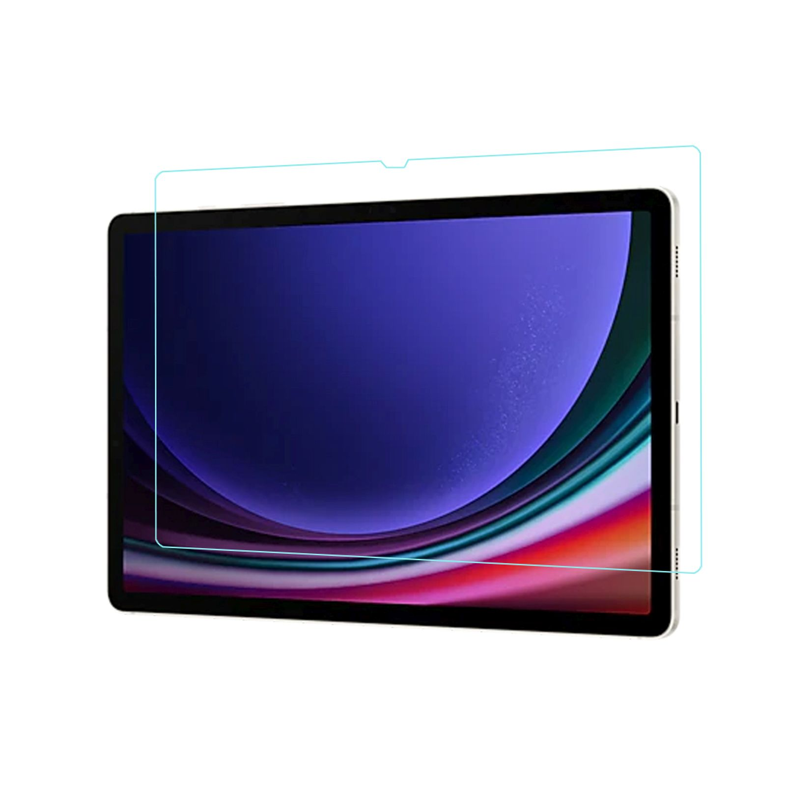Schermo del tablet con una sfumatura blu e verde, coperto da una protezione schermo con cornice trasparente.