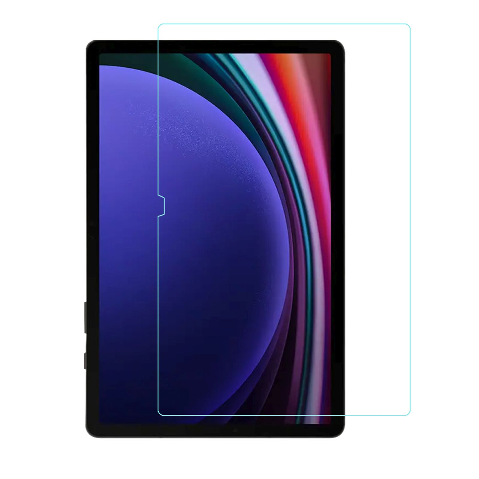 Tablet con protezione schermo applicata. Il tablet ha uno sfondo blu e viola.