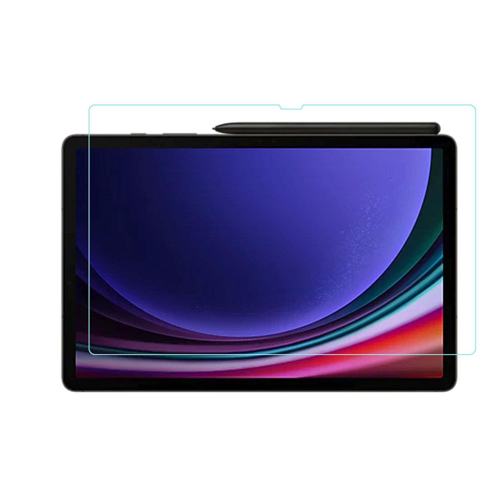 Un tablet con protezione schermo e stilo su sfondo bianco.