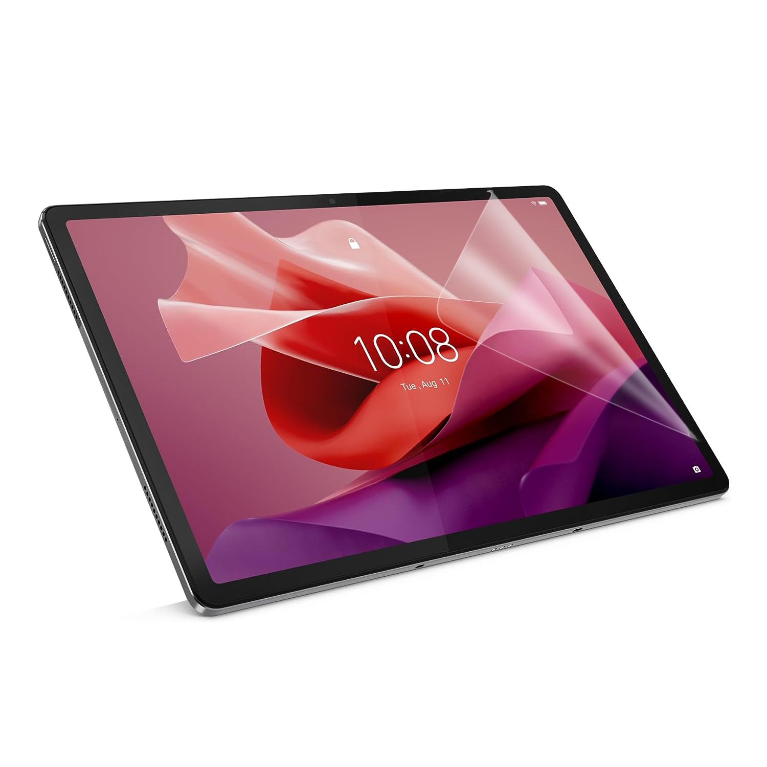 Un tablet con protezione schermo che mostra un motivo astratto rosso e viola.