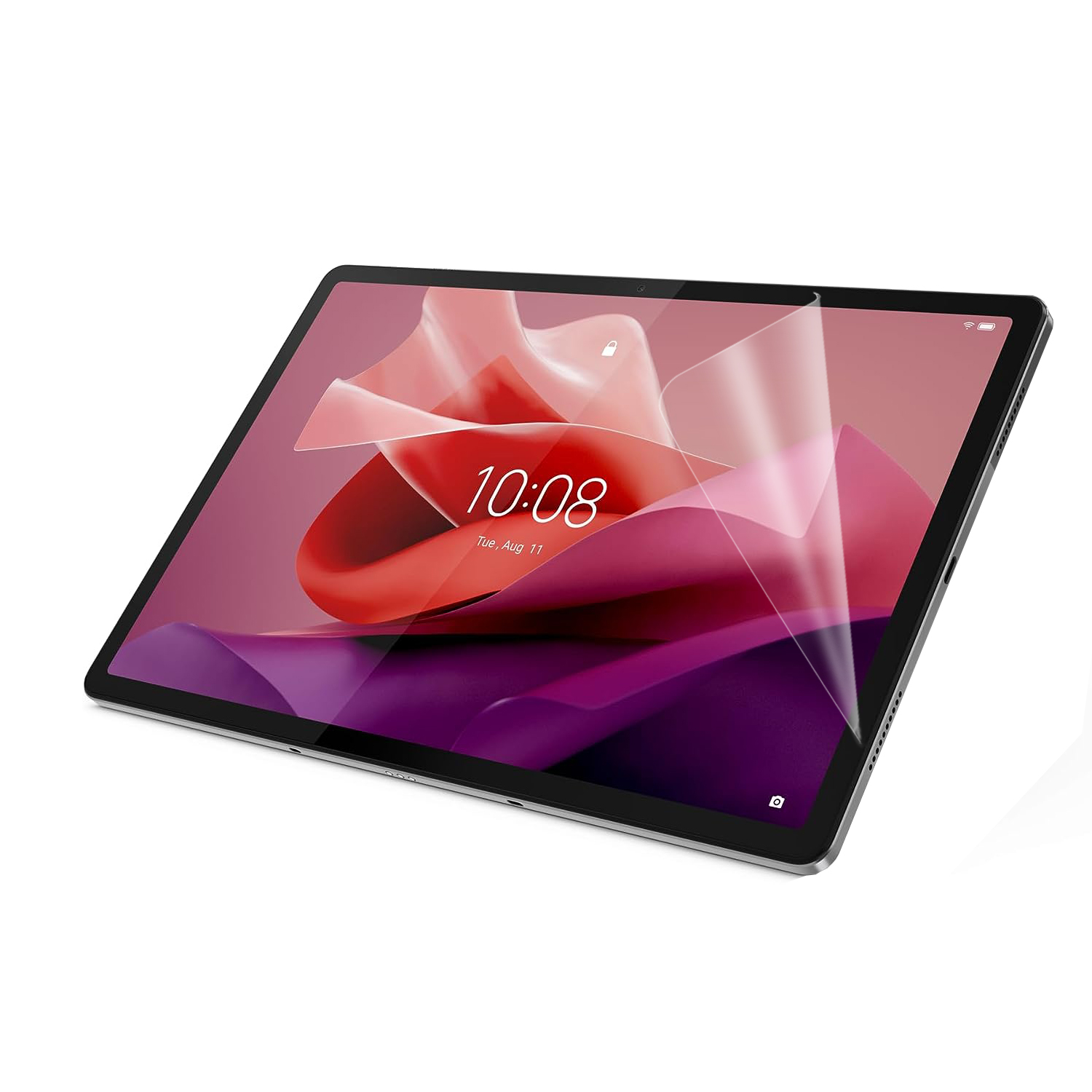 Tablet con protezione schermo che mostra un motivo astratto rosso e rosa. È su sfondo bianco.