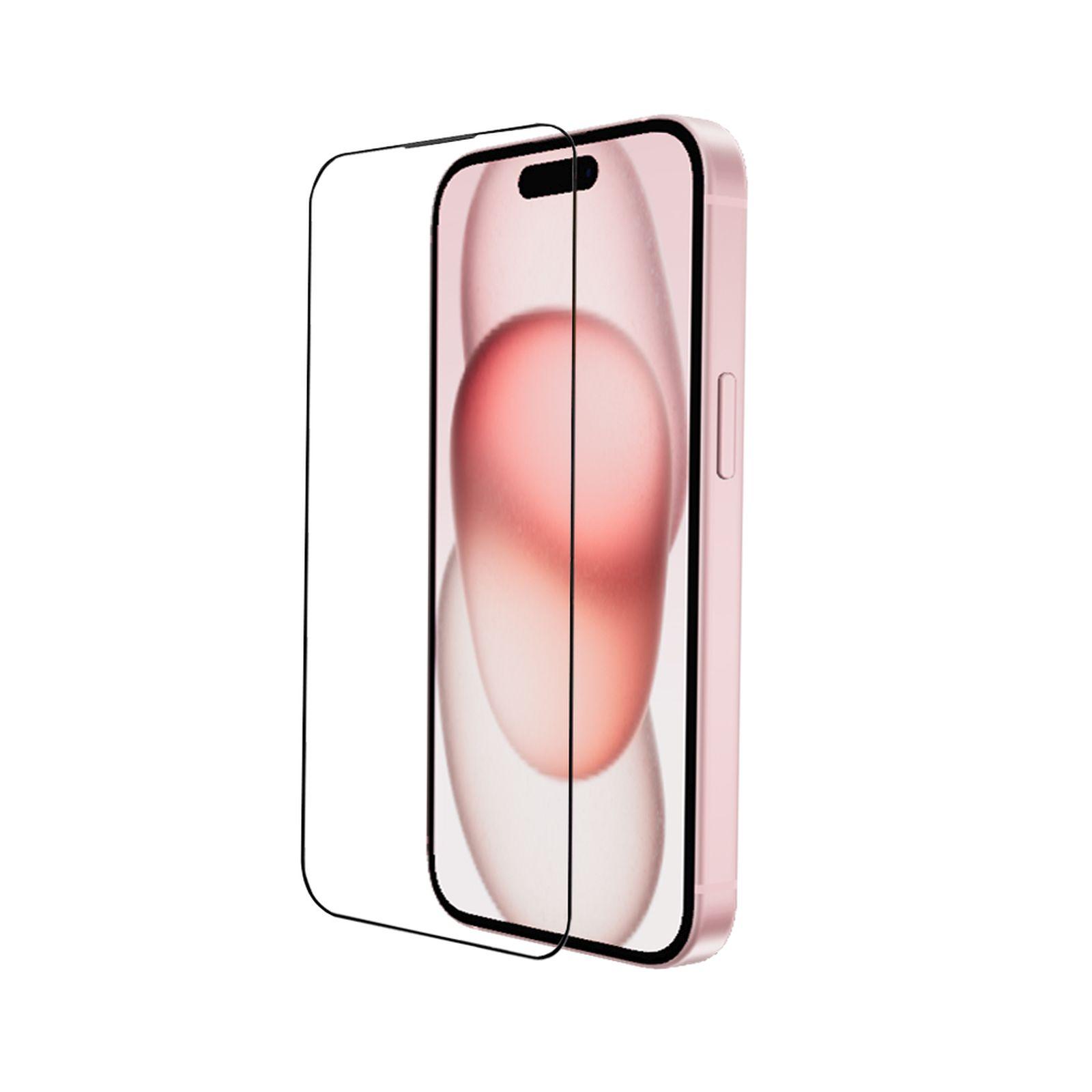 Un telefono rosa con protezione schermo, rivolto verso l'osservatore.