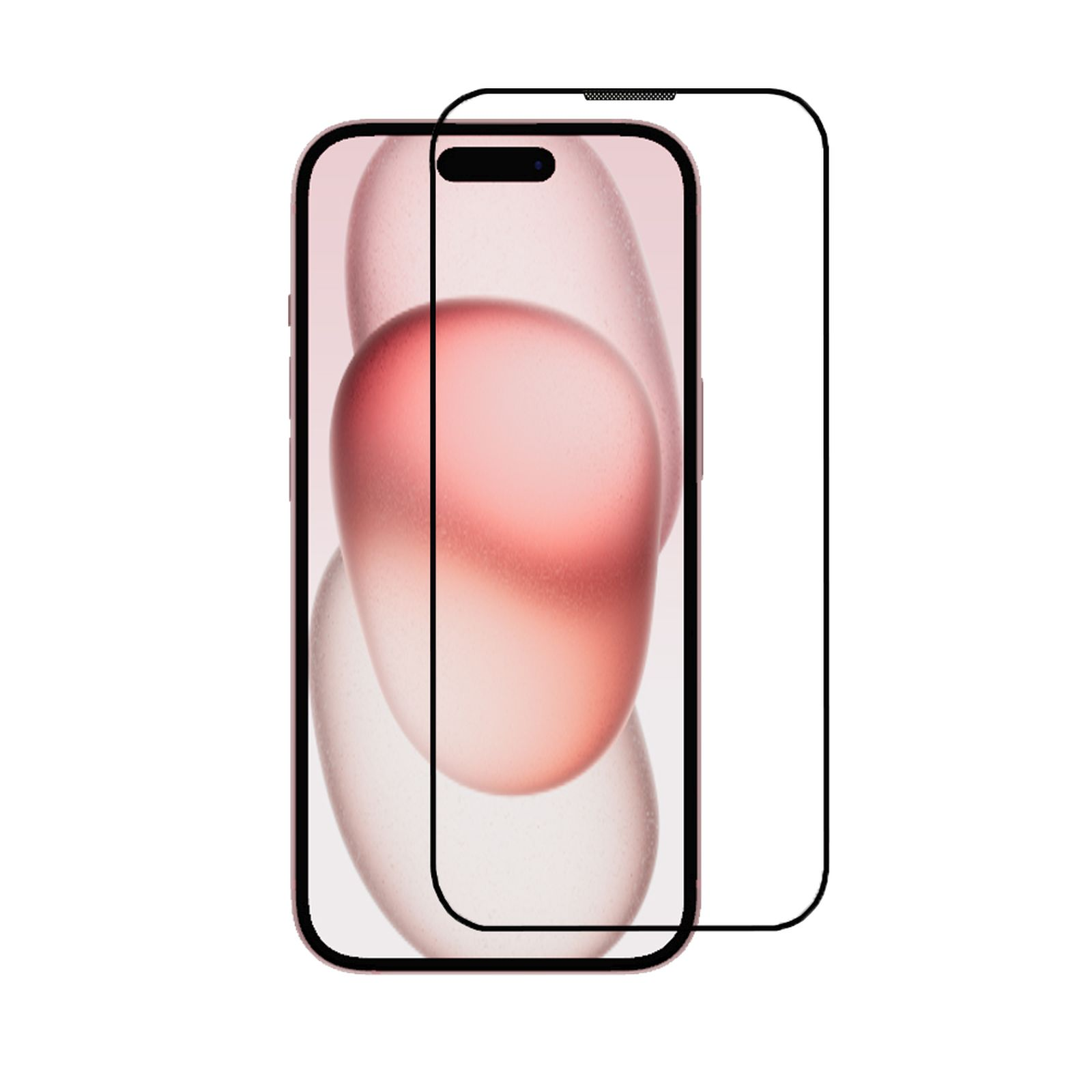 Smartphone con protezione schermo. Forme rosa astratte sullo schermo, con cornice nera.