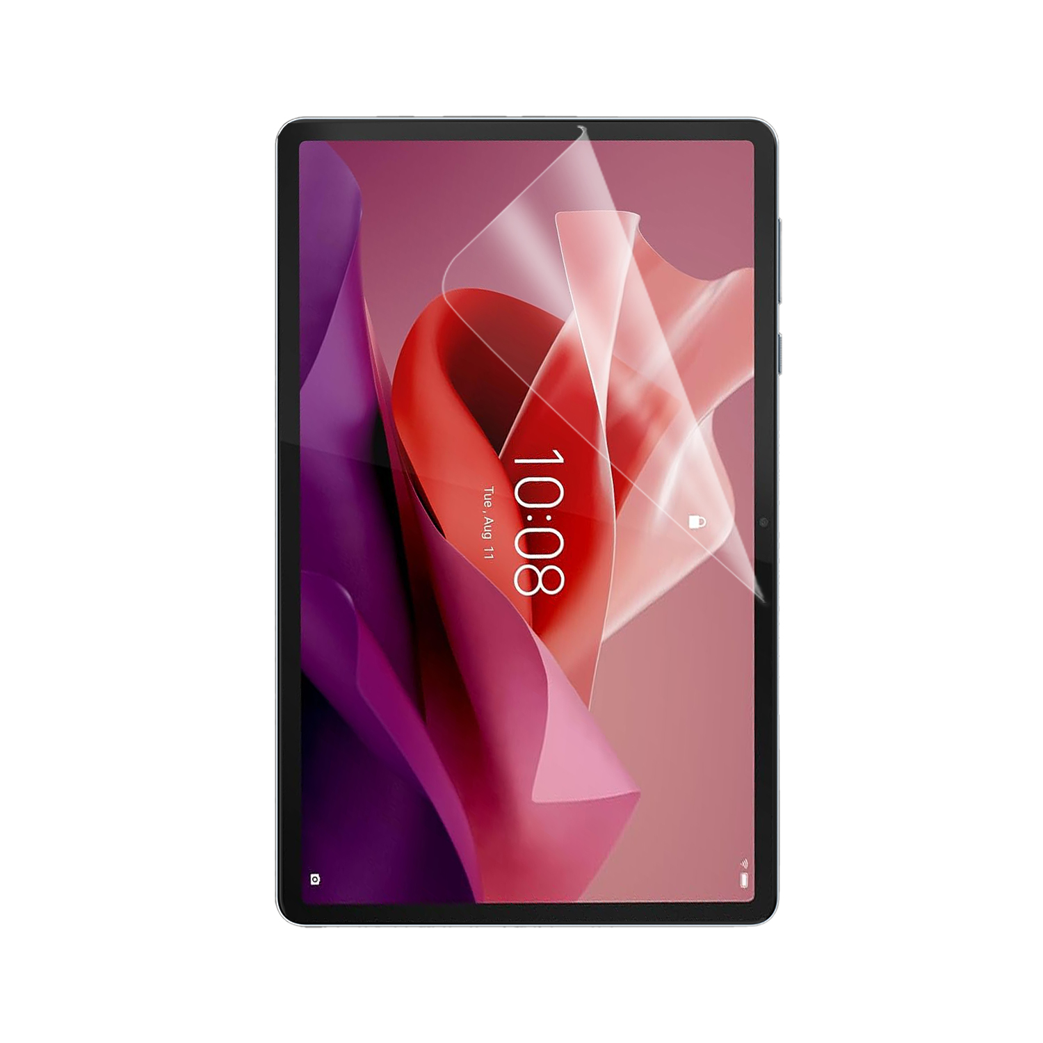 Un tablet con una protezione per lo schermo che mostra forme astratte rosse e rosa. L'ora è visualizzata.