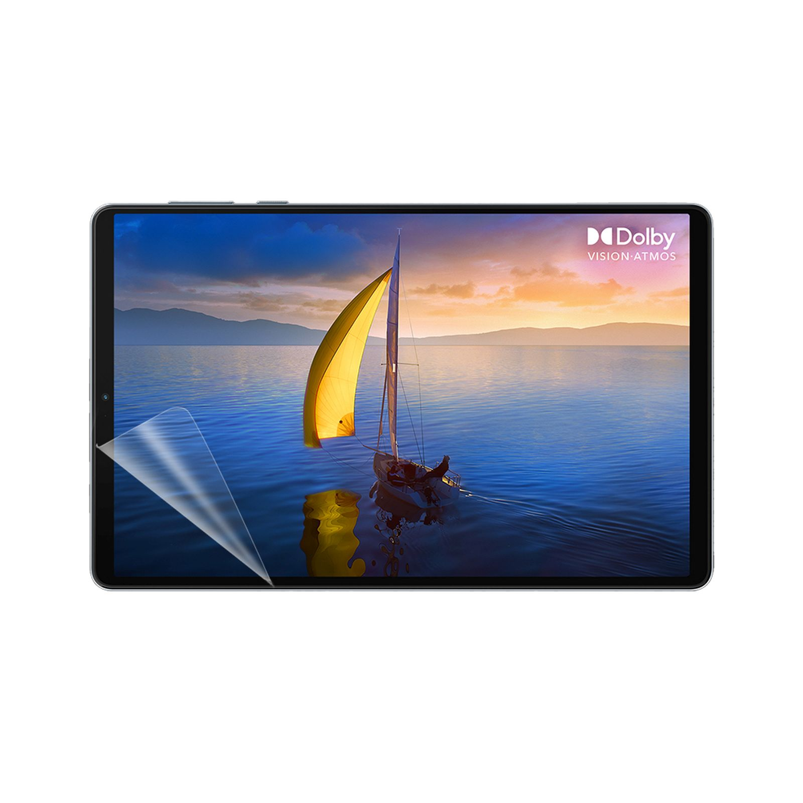 Tablet con barca a vela sullo schermo e protezione schermo, logo Dolby Vision Atmos.