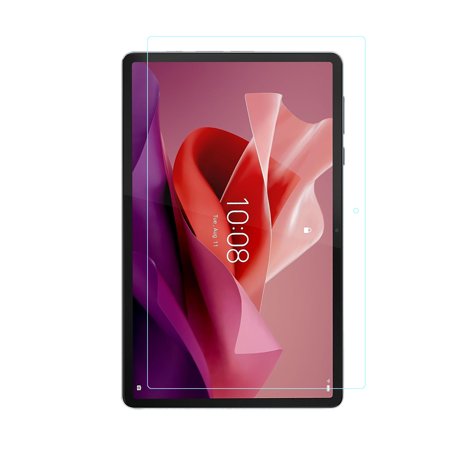 Tablet con protezione schermo che mostra l'ora. Lo sfondo ha colori rosa e viola.
