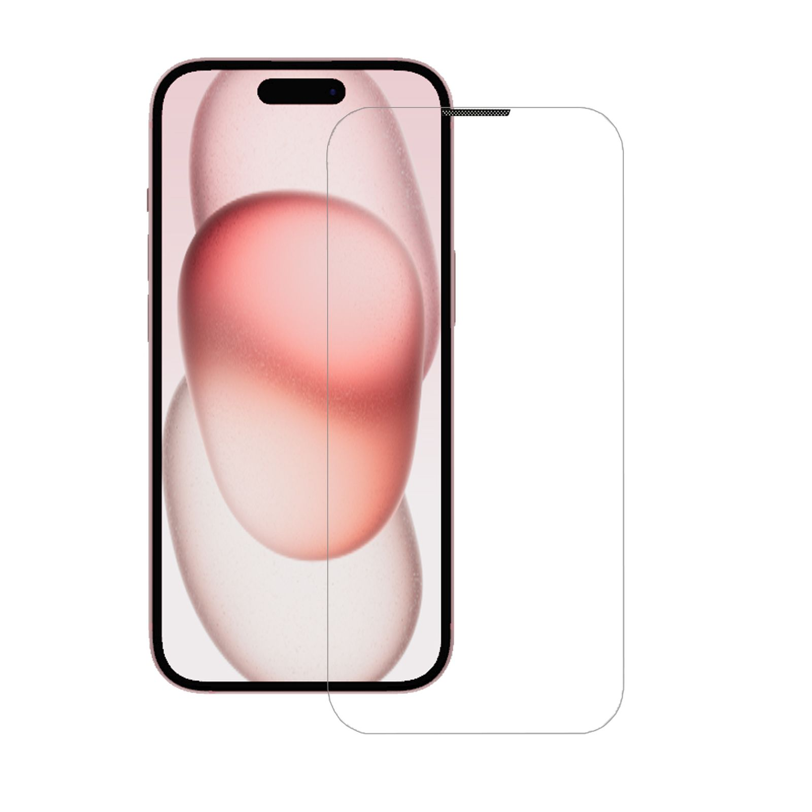Smartphone con protezione schermo. Forme rosa astratte, con cornice nera.