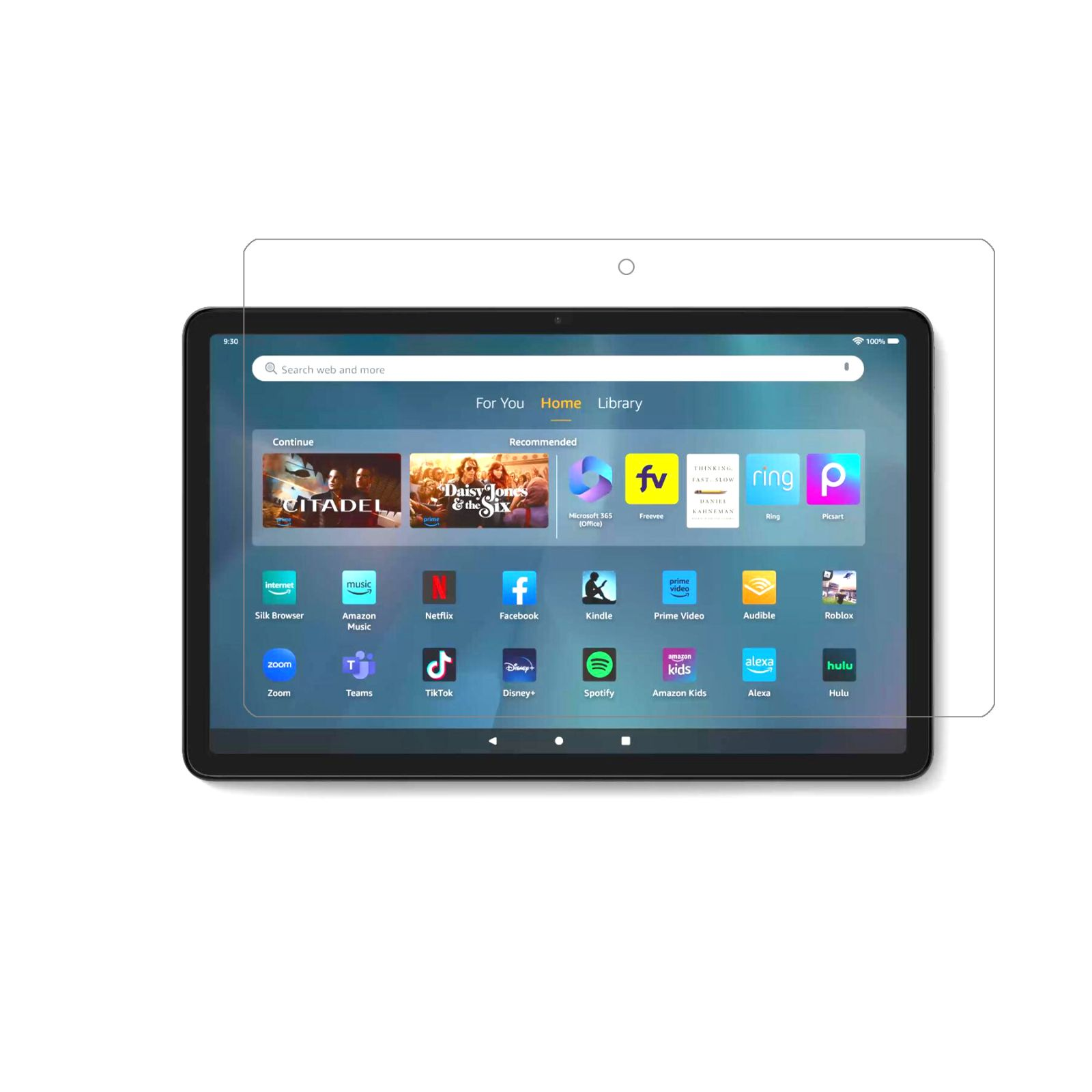Tablet con protezione schermo. App visibili sullo schermo. Sfondo bianco.