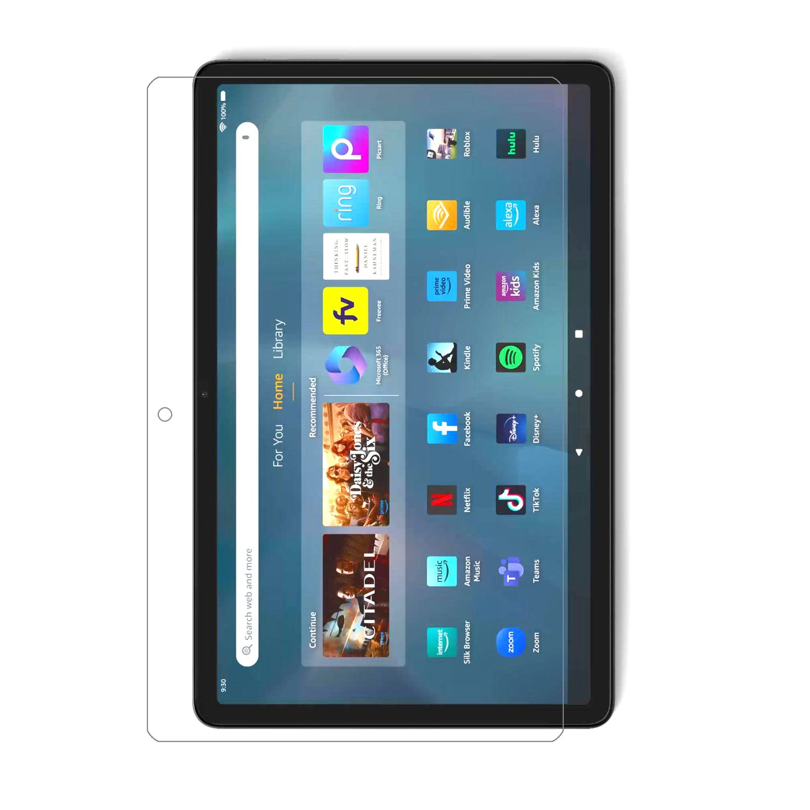 Tablet con icone di app e protezione schermo.