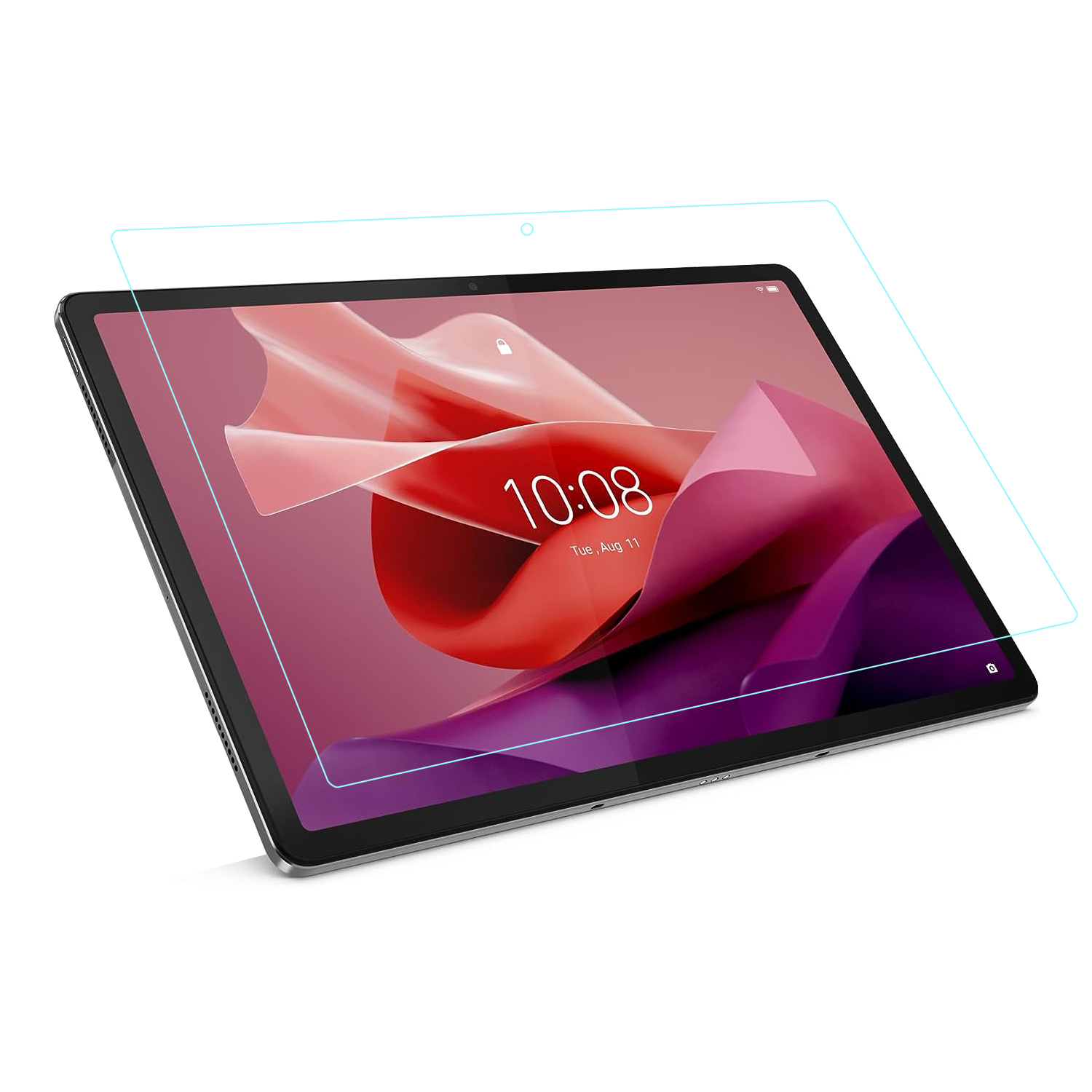 Tablet con protezione schermo, mostra l'ora.
