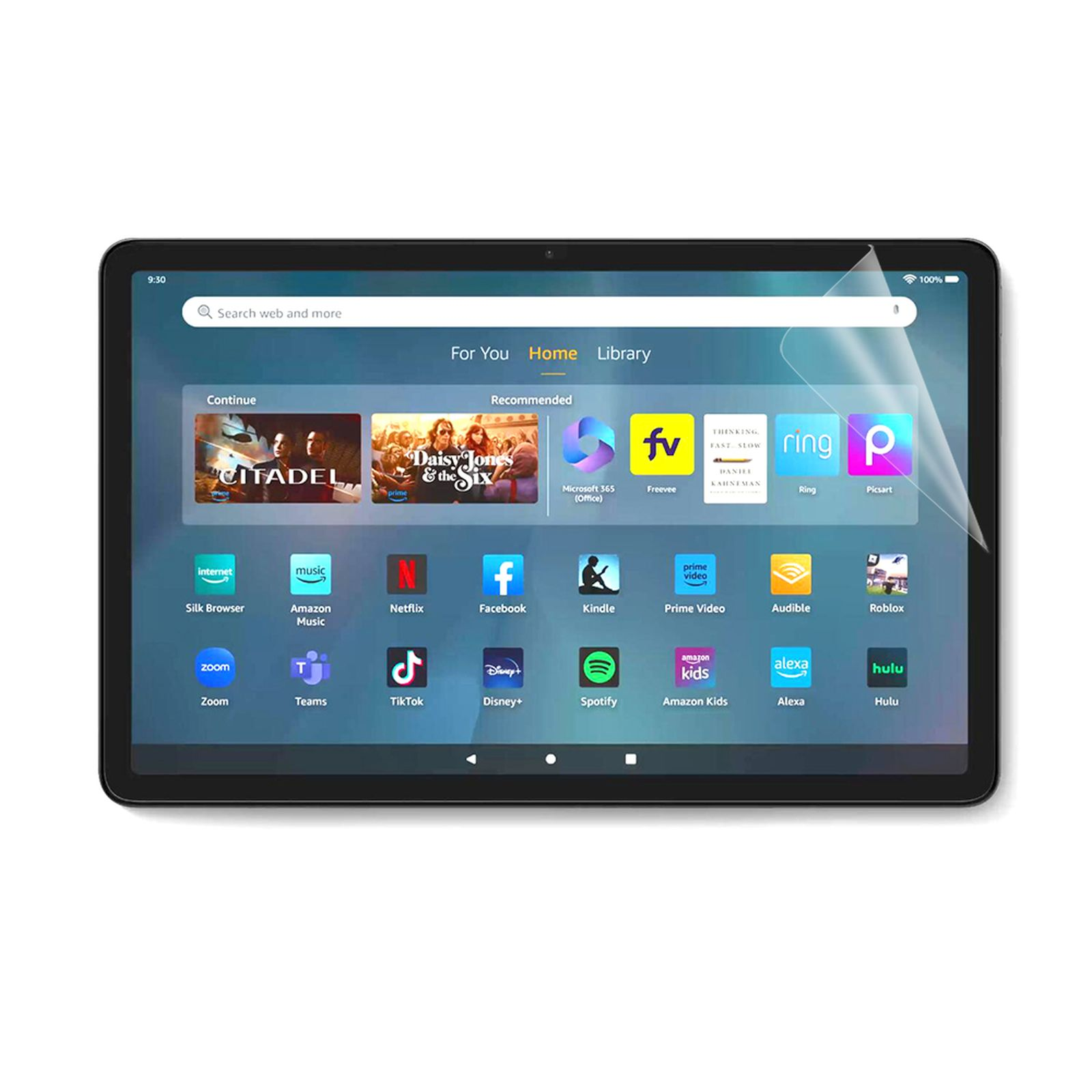 Lo schermo del tablet mostra le app. Schede Home e Libreria visibili. Pellicola protettiva sullo schermo.