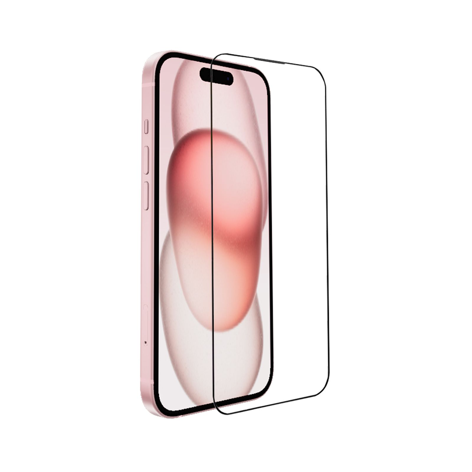 Telefono rosa con protezione schermo. Sovrapposizione di vetro. Sfondo bianco.
