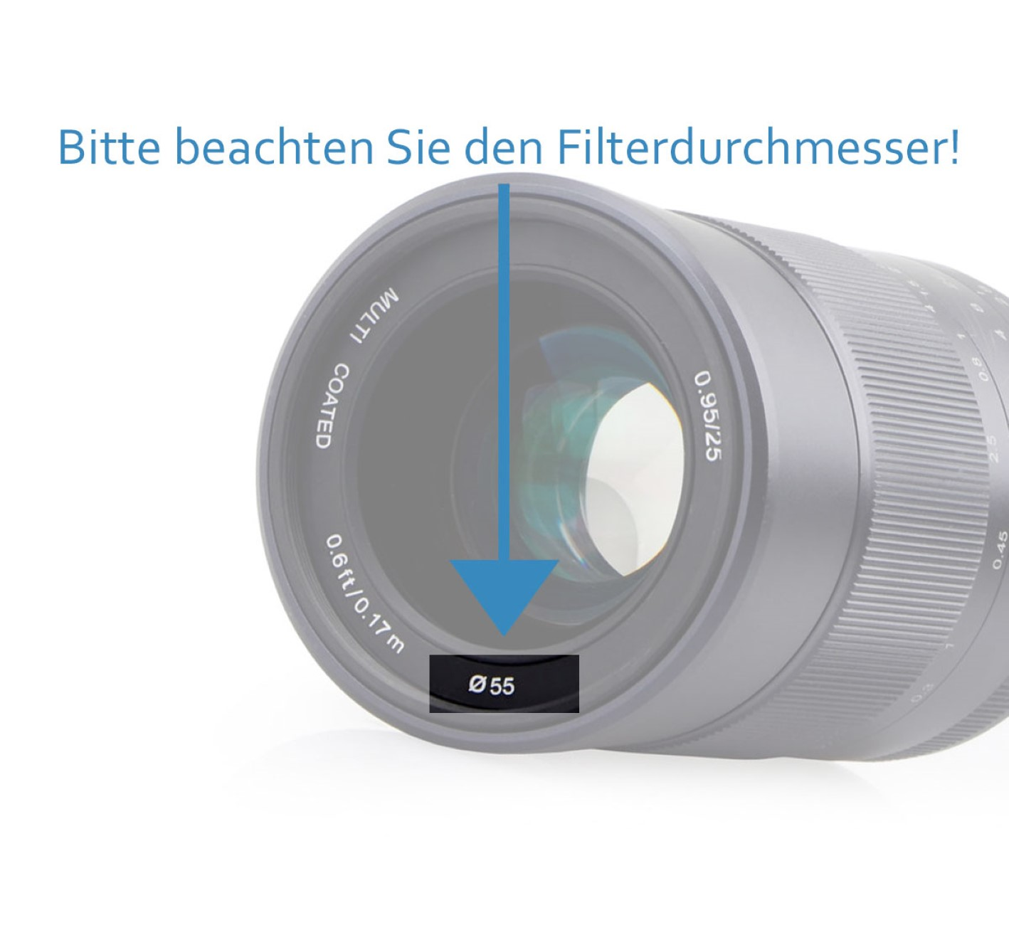 Ein Objektiv mit blauem Pfeil, der auf die Filtergröße Ø55 zeigt.