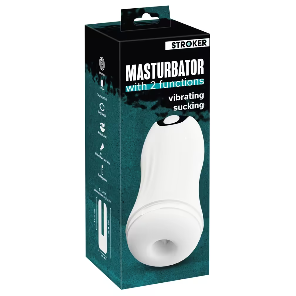 Ein weißer Masturbator in einer schwarzen und tealfarbenen Box mit Text und Illustrationen. Das Produkt hat eine weiße Oberfläche.