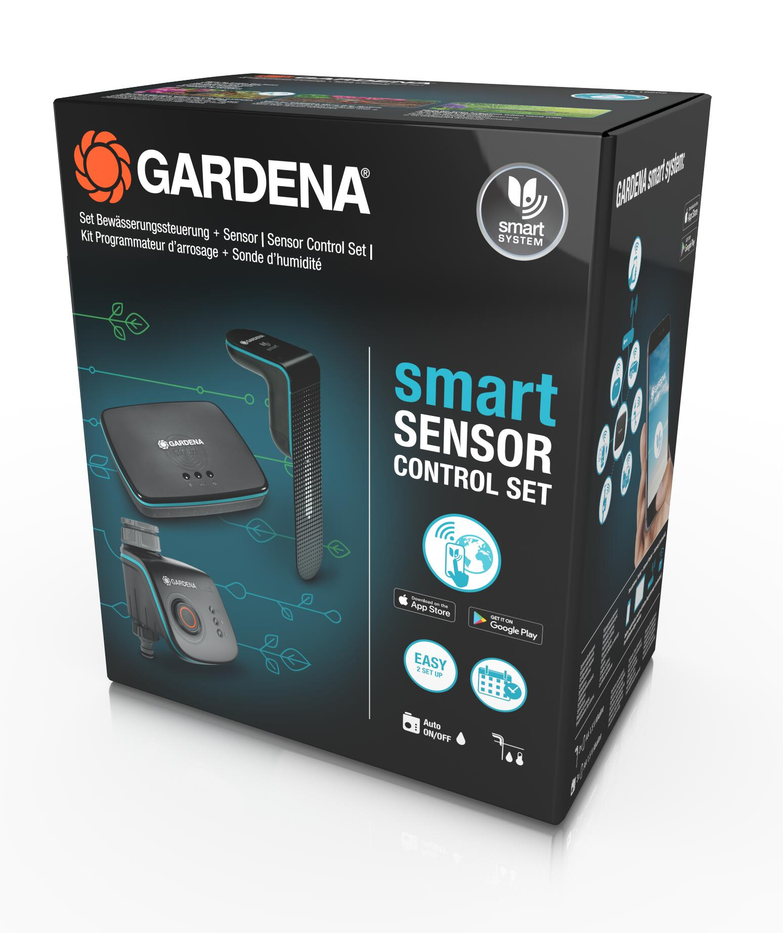 Eine Gardena Smart Sensor Control Set Box mit Zubehör.