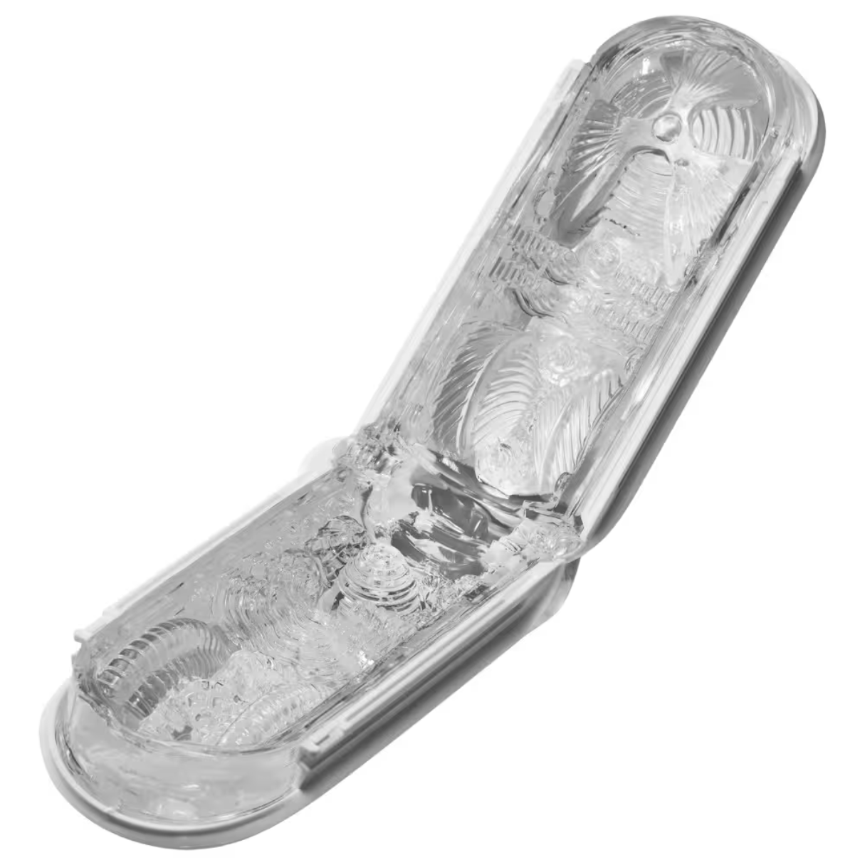 Transparente, offene Hülle mit strukturierter Innenseite. Weißer Hintergrund.