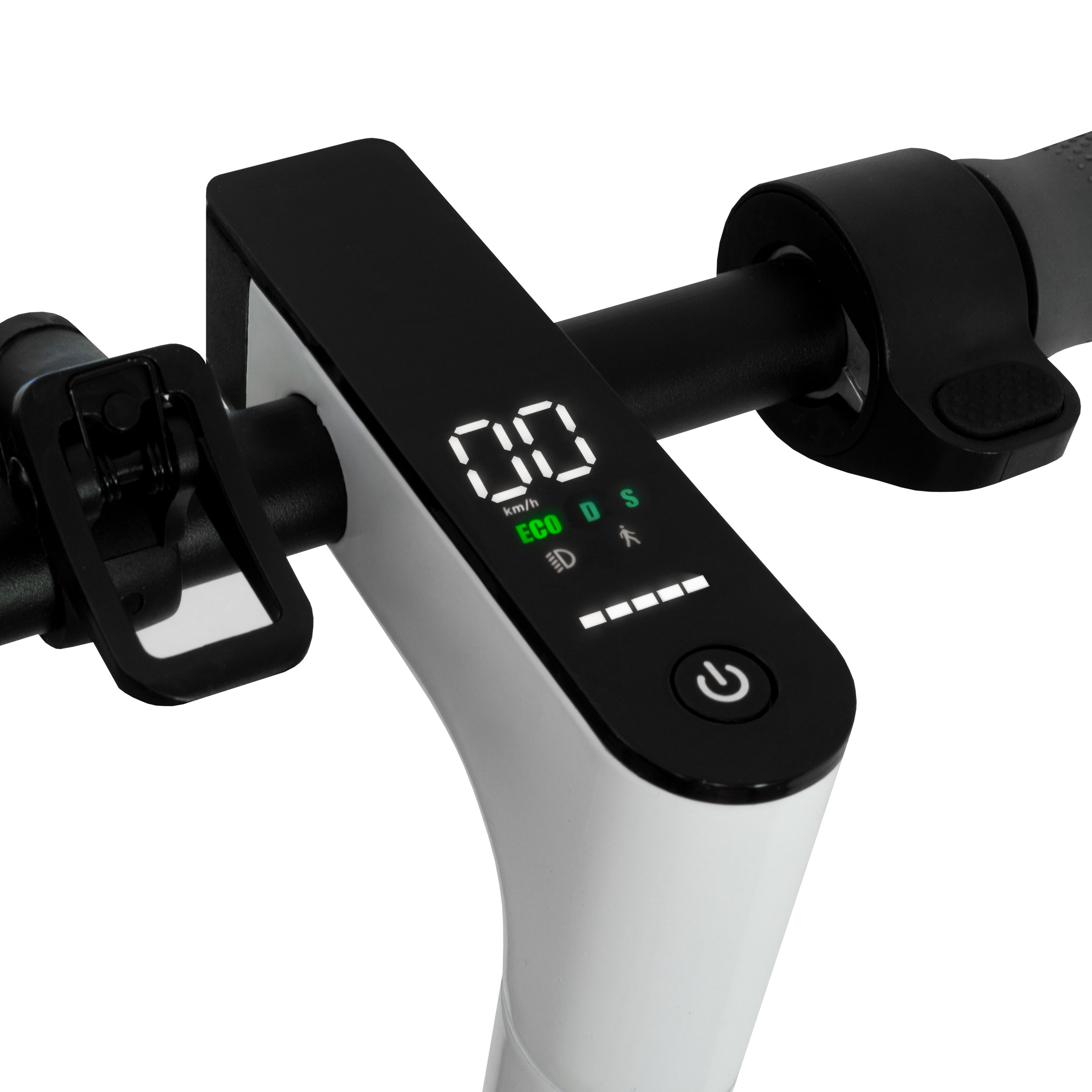 Roller-Lenker mit Digitalanzeige, die Geschwindigkeit und Leistung anzeigt.