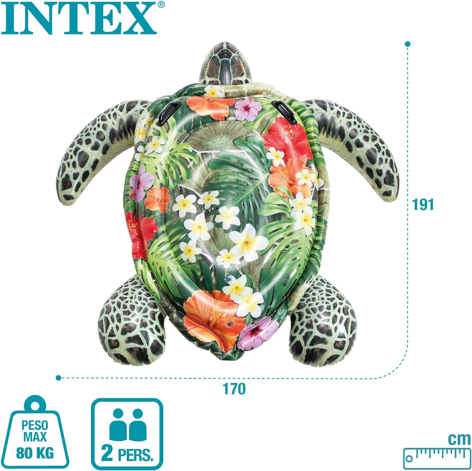 Aufblasbares Schildkröten-Schwimmtier mit tropischem Blumendesign. Abmessungen und Tragfähigkeit sind angegeben.