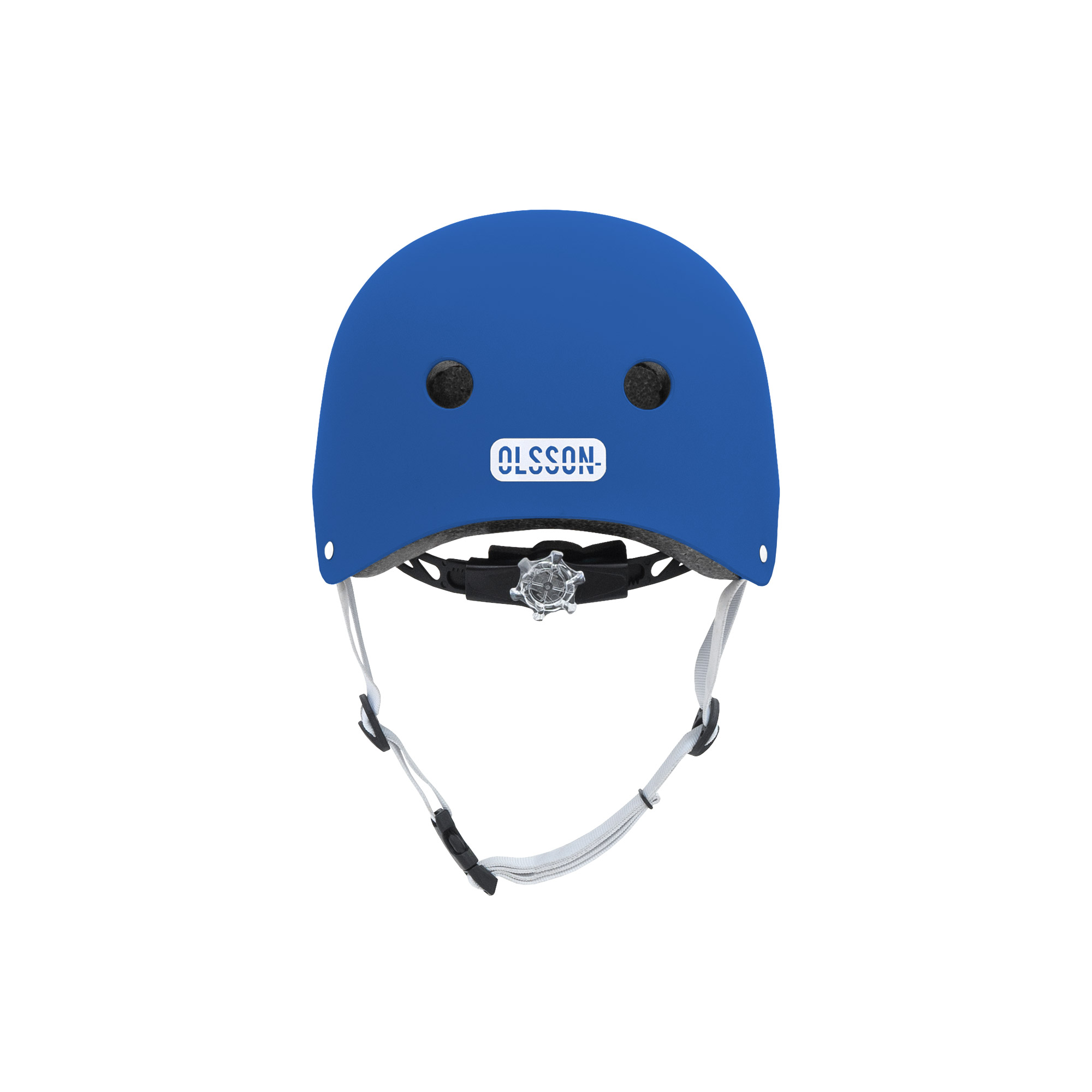 Casco azul Olsson con dos ventilaciones y una correa blanca. El logotipo de Olsson está en el frente.