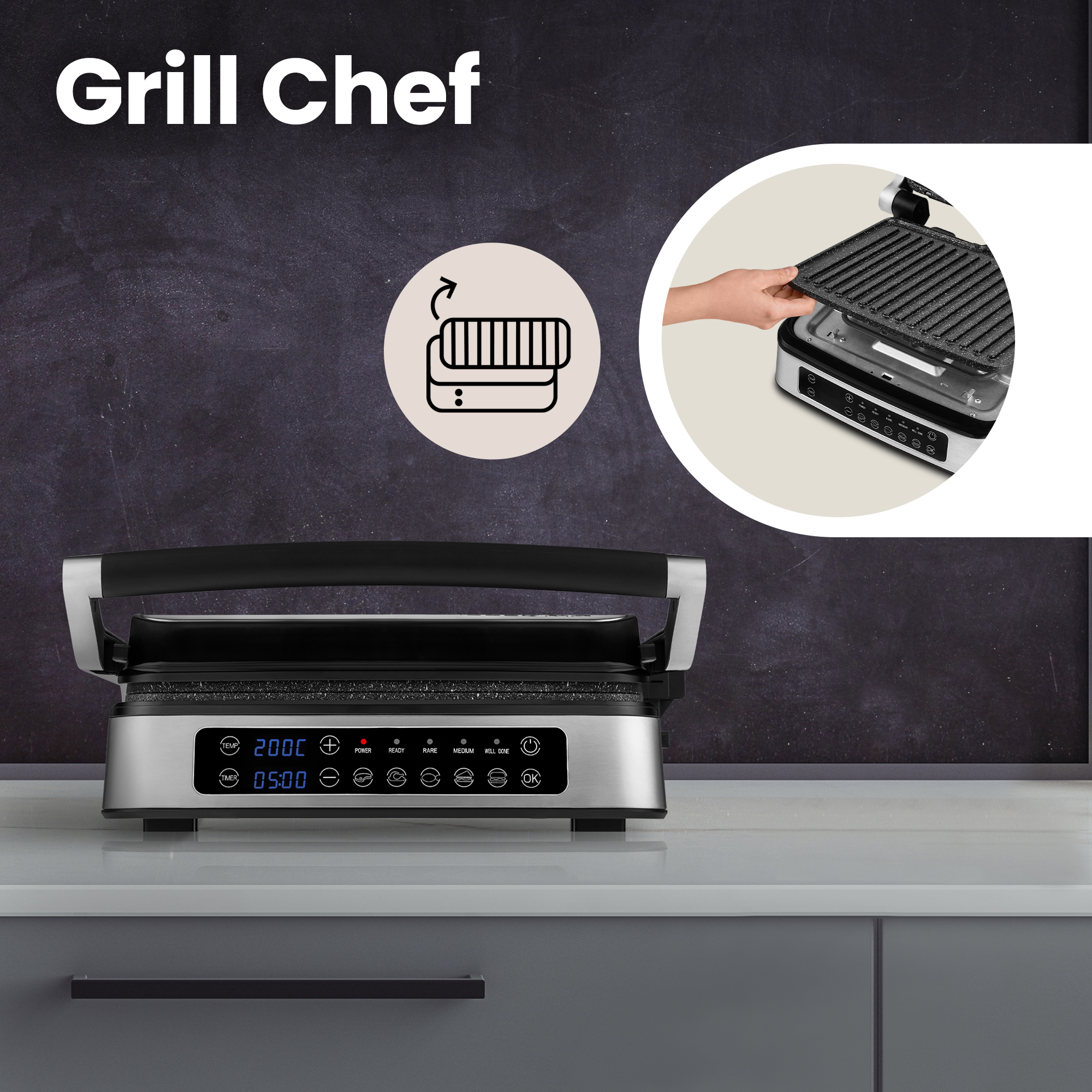 Ein silberner Grill Chef mit schwarzem Griff auf einer weißen Theke. Der Hintergrund ist dunkelgrau. Text ist vorhanden.