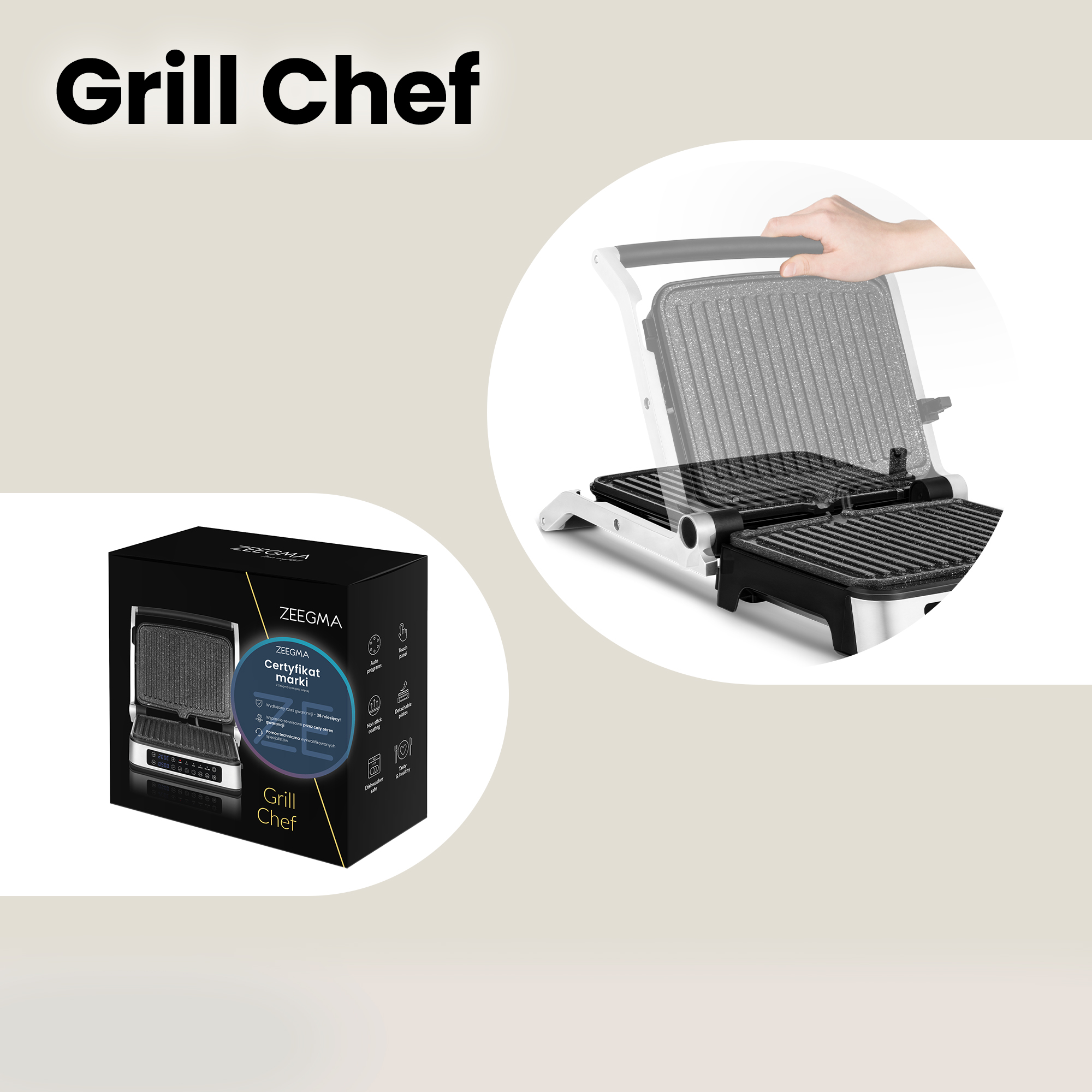 Ein Grill mit dem Text Grill Chef. Eine Box und die Hand einer Person erscheinen ebenfalls im Bild.