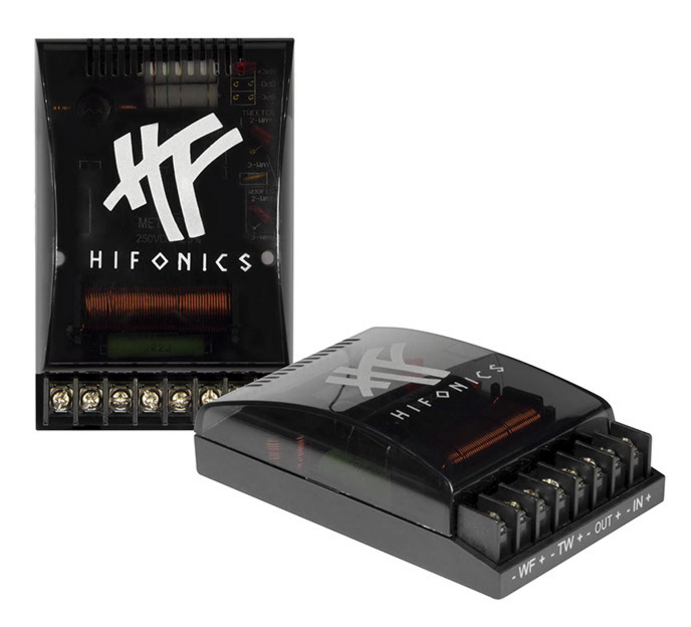 Zwei schwarze elektronische Frequenzweichen-Komponenten mit HIFONICS-Logo.