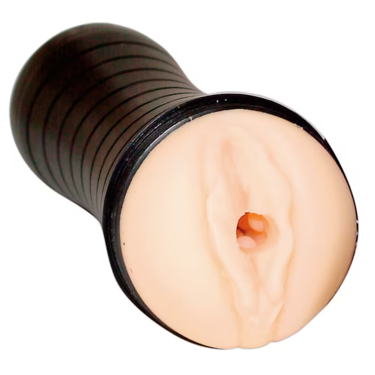Ein fleischfarbenes, geripptes Sexspielzeug mit innerer Höhle, von vorne gesehen.